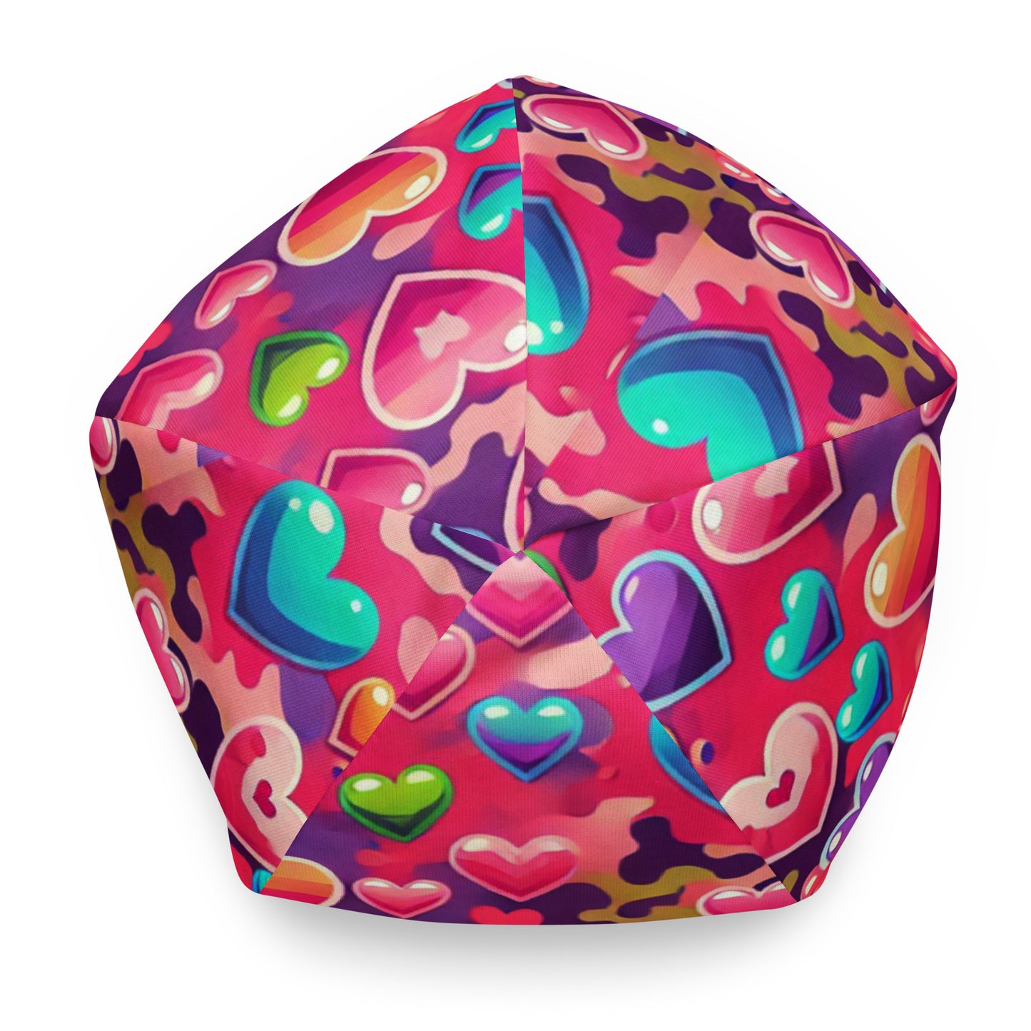 Top of youth Kid at heart beanie with a pink background and colored hearts patterned