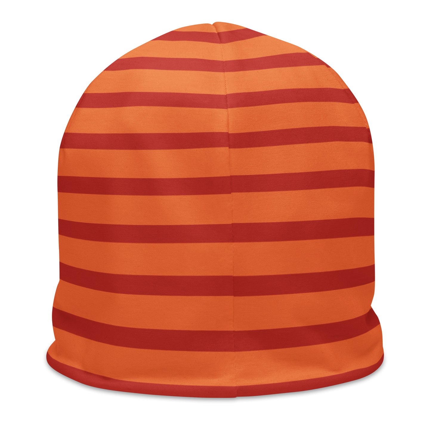 Back of Simply Because orange youth beanie with red horizontal Ines