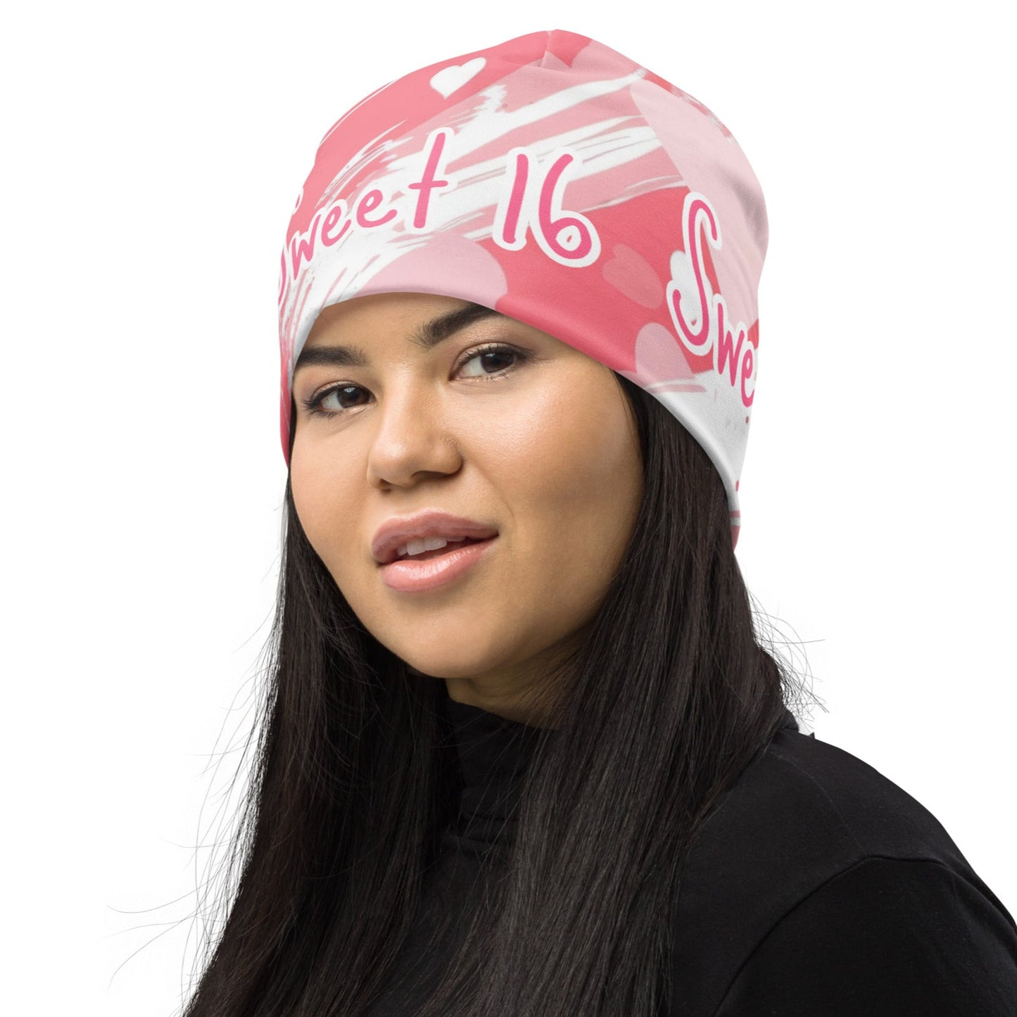 Left front of Sweet 16 Youth Beanie with pink and white background and text saying 'Sweet 16'