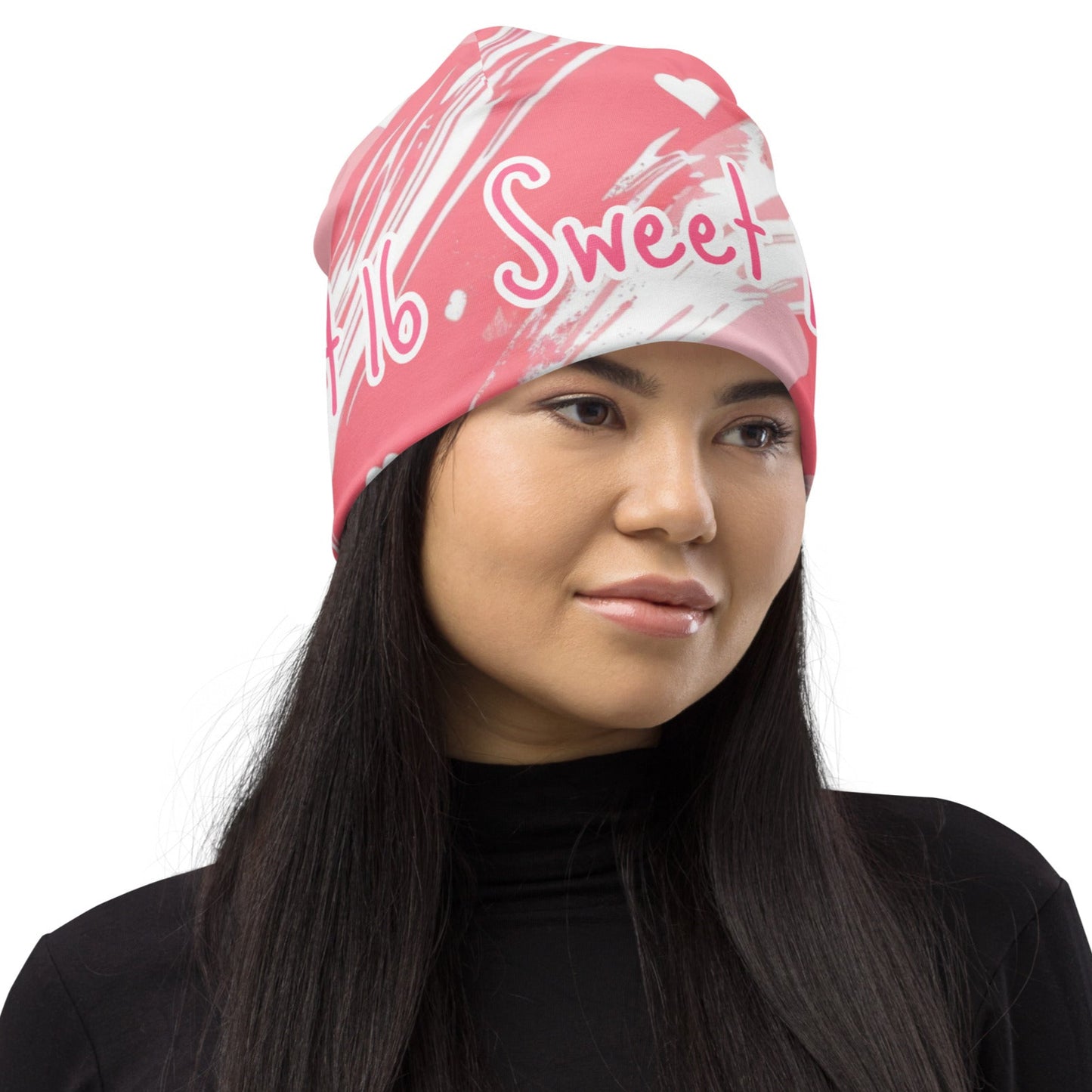 Front of Sweet 16 Youth Beanie with pink and white background and text saying 'Sweet 16'