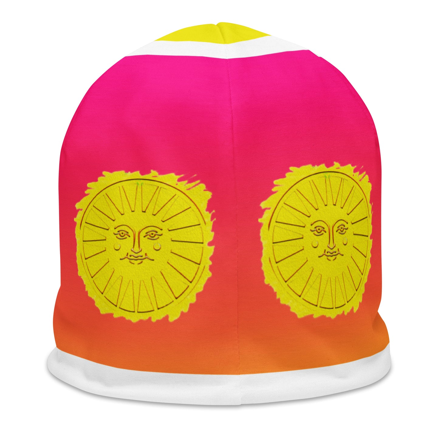 Back of pink and fuchsia gradient beanie with sunshine pattern