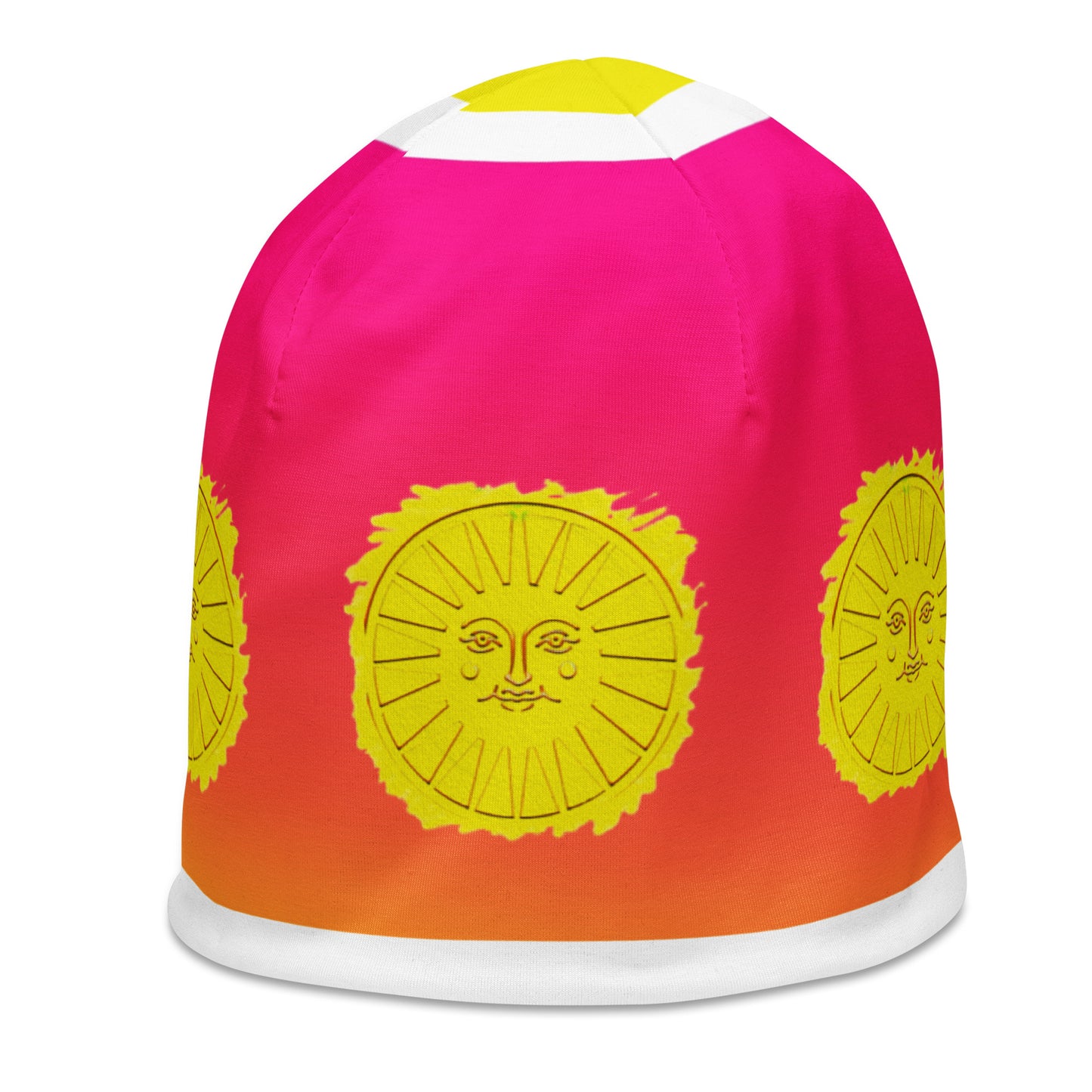 Left front of pink and fuchsia gradient beanie with sunshine pattern