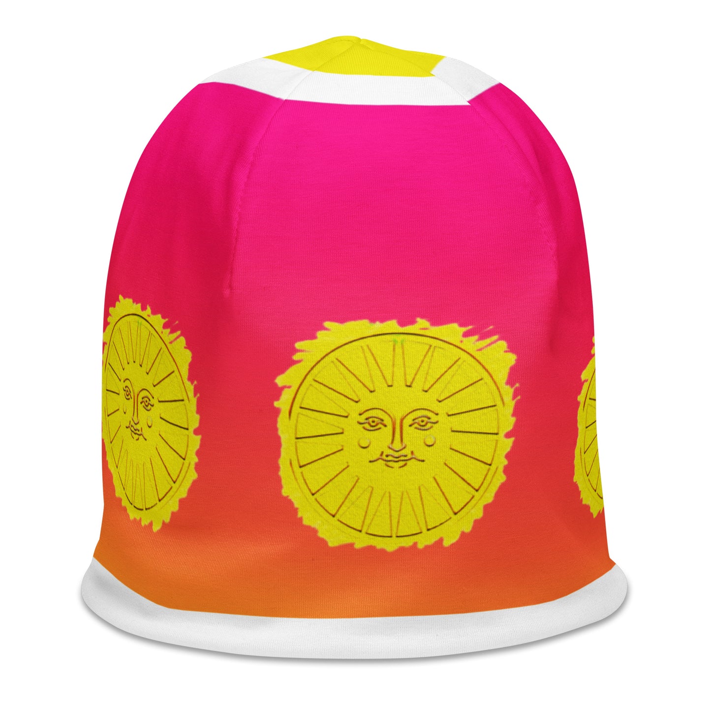 Right front of pink and fuchsia gradient beanie with sunshine pattern