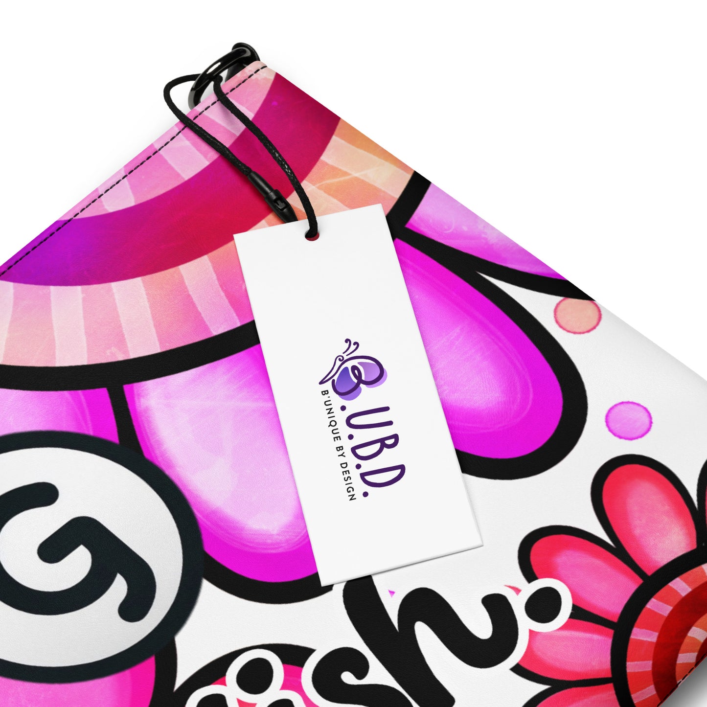 Corner detail crossbody bag with purple and pink daisy print and G logo and 'girlish' text