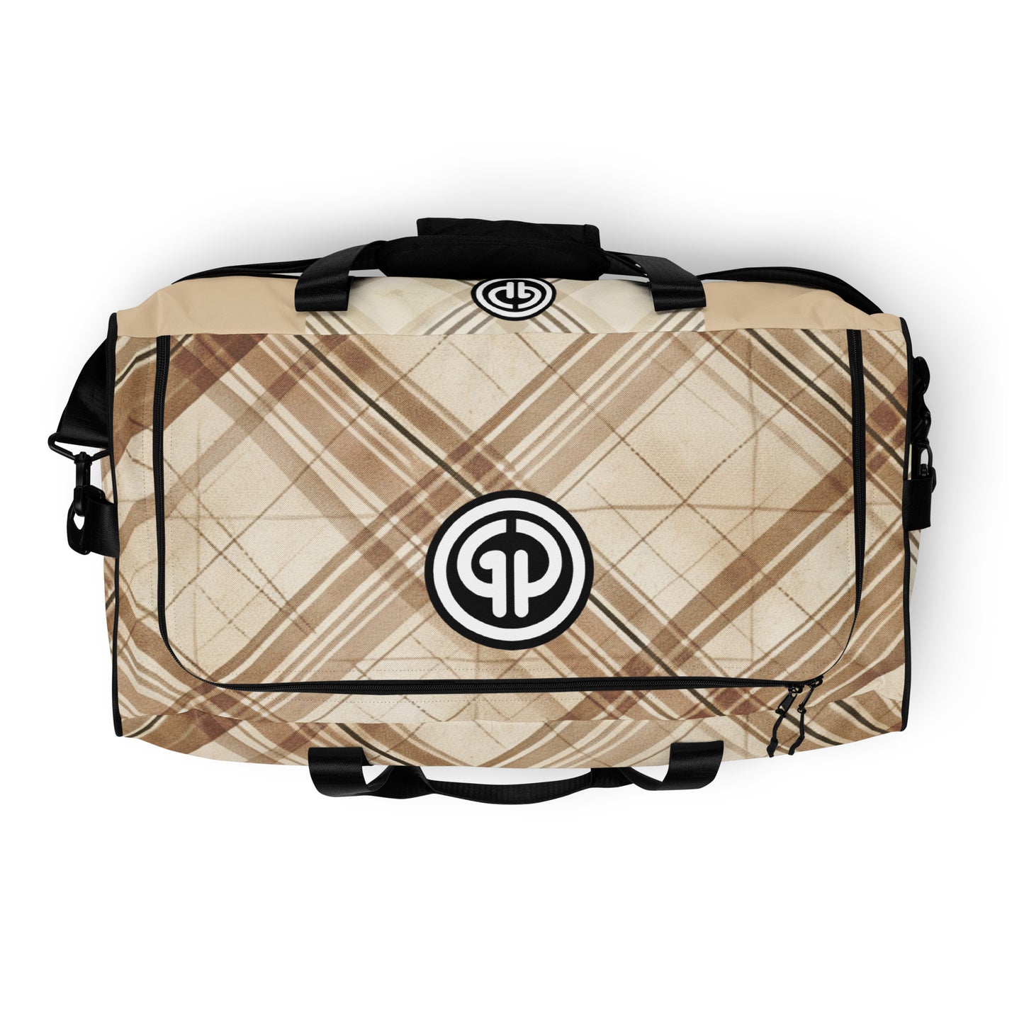 Top of brittle colored plaid background duffel with 'GP' logo