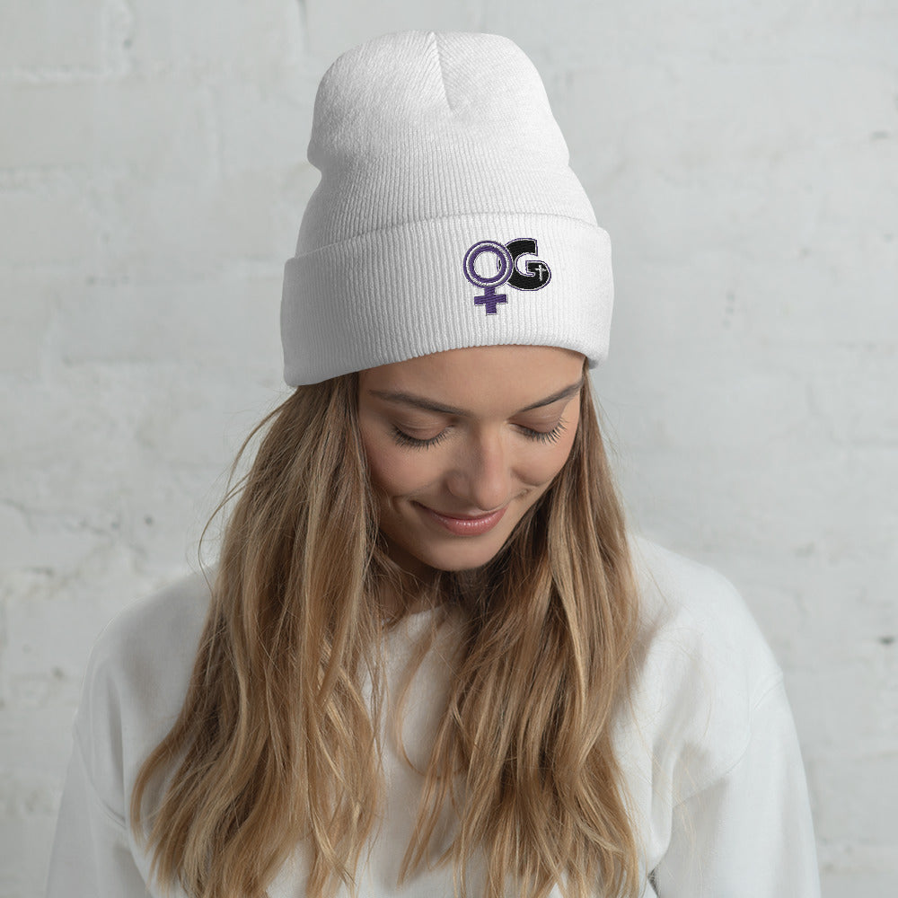 Lady of God Logo Embroidered Acrylic Cuffed Beanie - Purple Accented