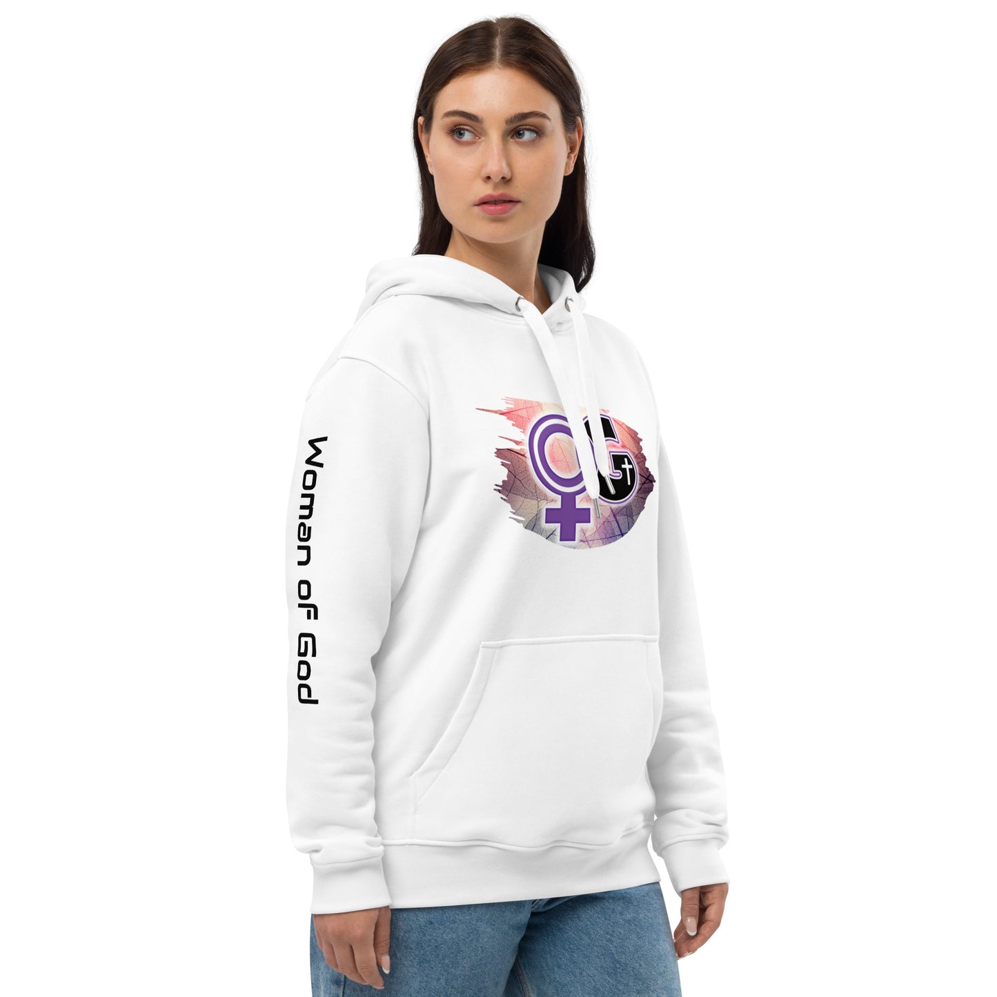 Lady of God Premium White Eco Hoodie w/Pink Logo