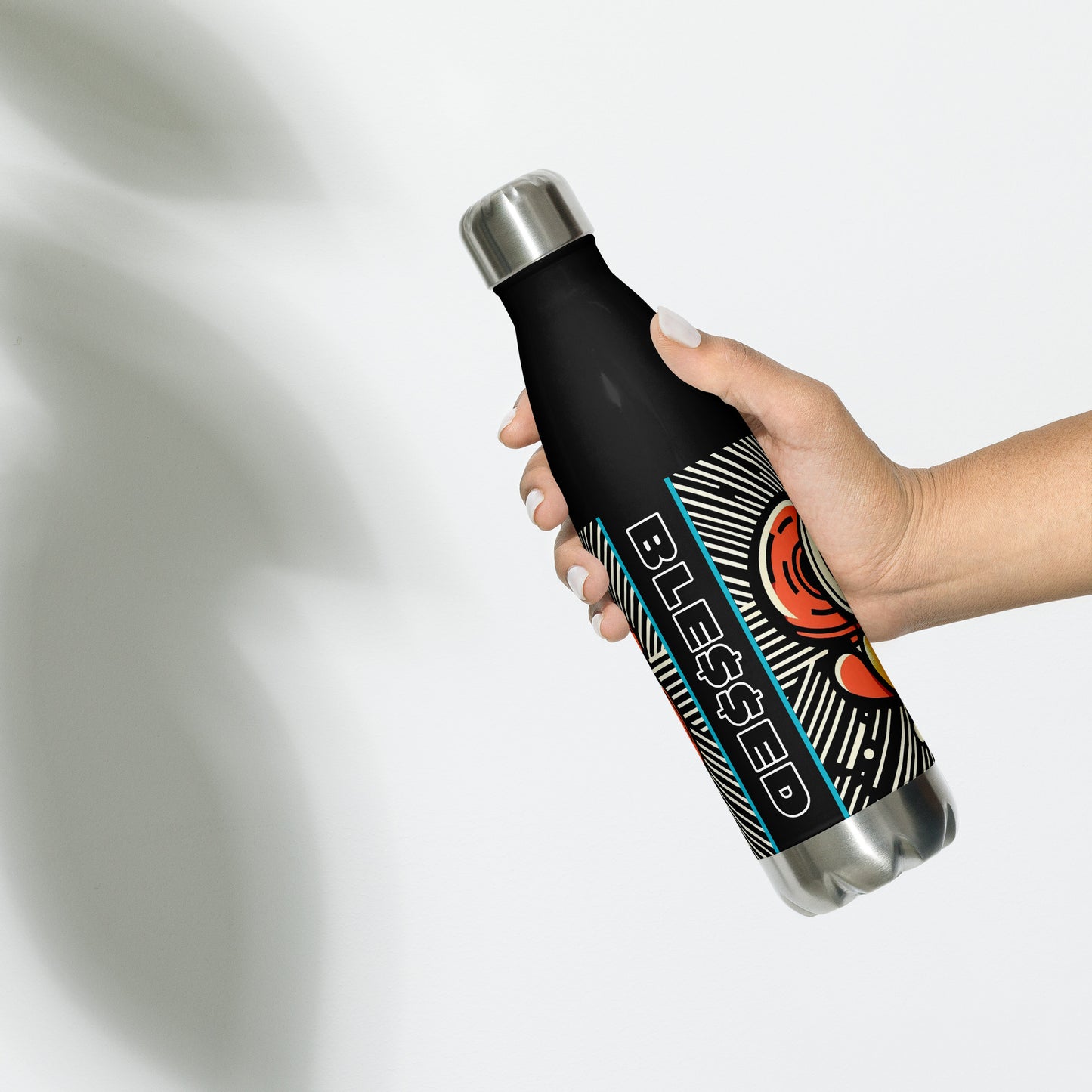 Front of black stainless steel water bottle with text "BLE$$ED"