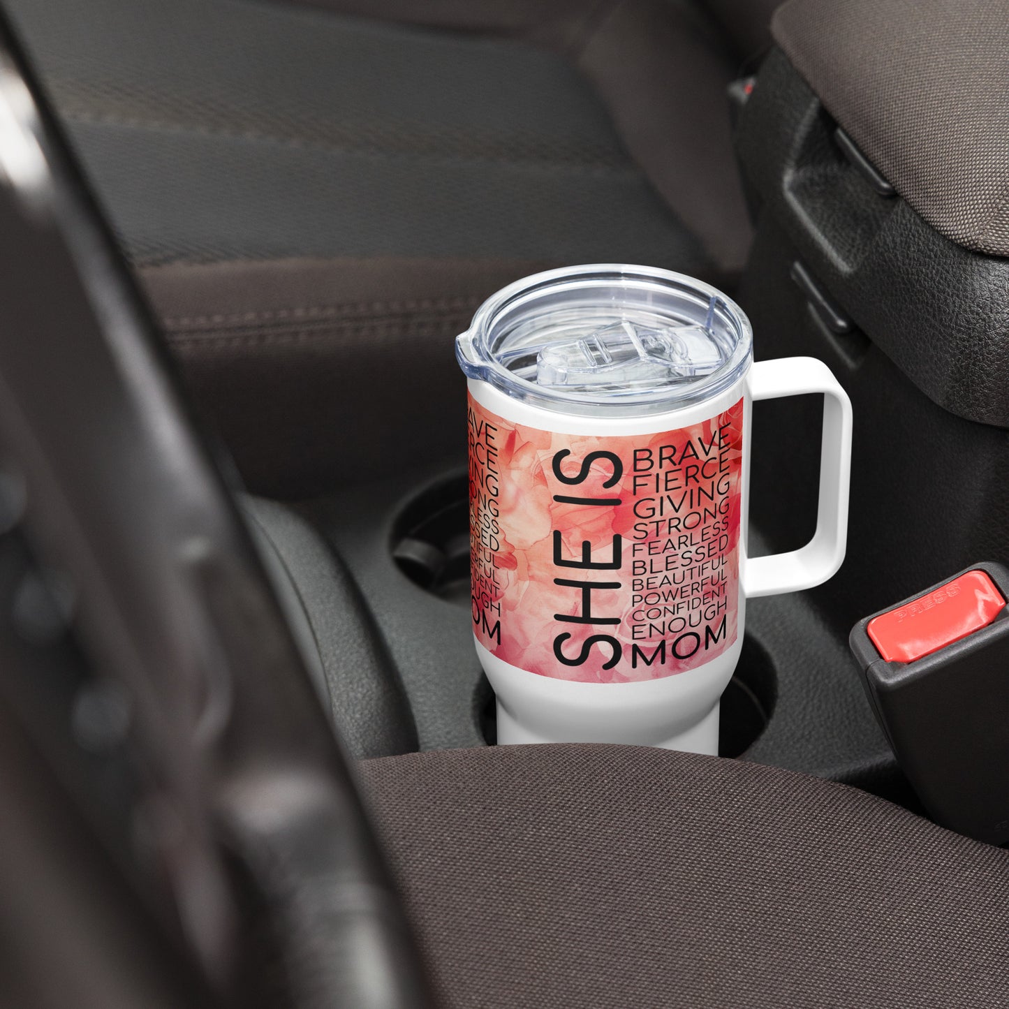 She Is Mom With Roses Travel Mug w/Handle, 25 oz