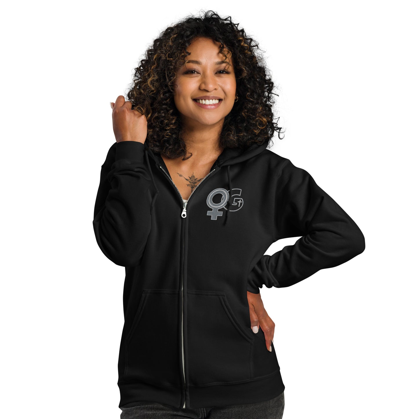 Front of black Woman of God embroidered zip hoodie