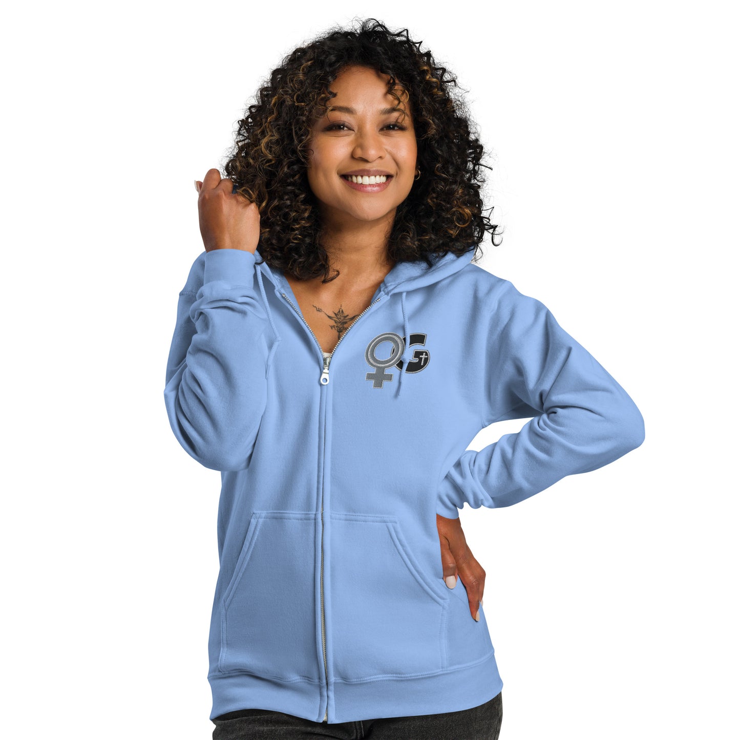 Front of light blue Woman of God embroidered zip hoodie