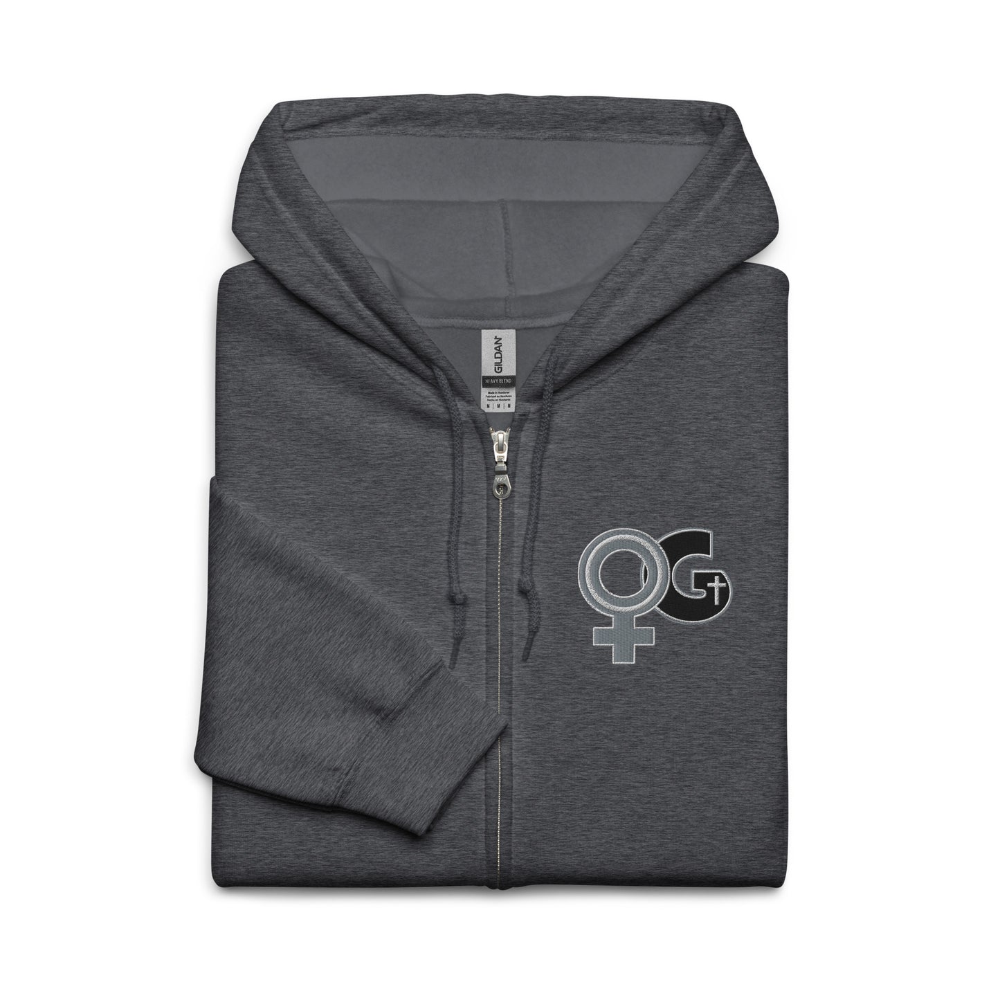 Front of folded charcoal Woman of God embroidered zip hoodie