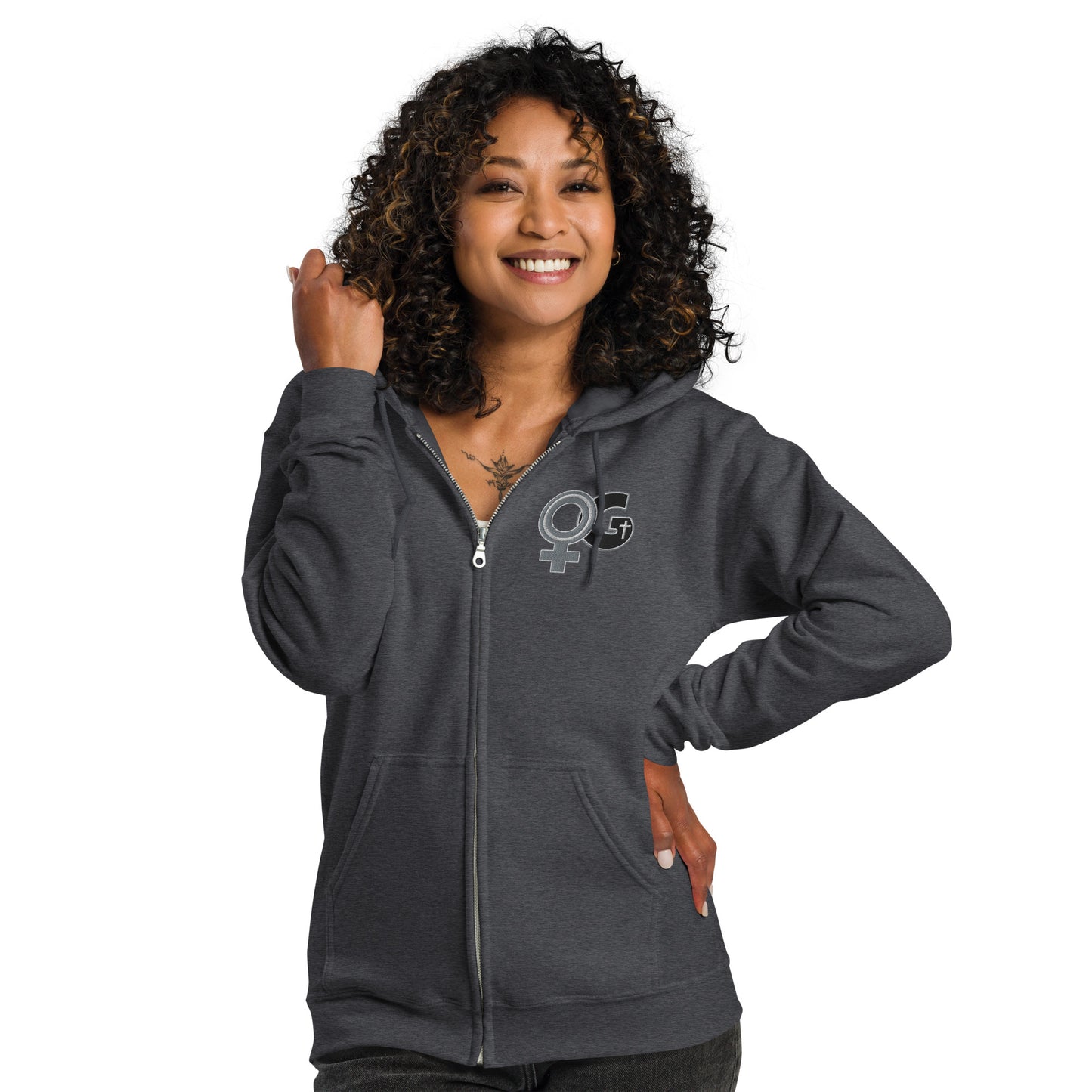 Front of grey Woman of God embroidered zip hoodie