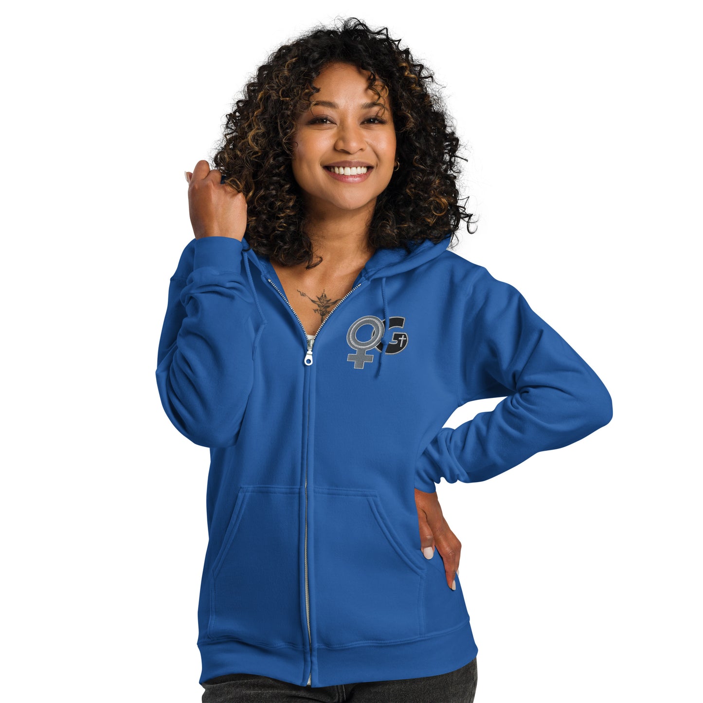 Front of true blue Woman of God embroidered zip hoodie