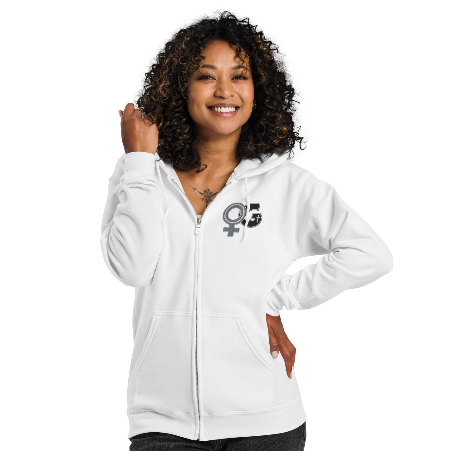 Front of white Woman of God embroidered zip hoodie