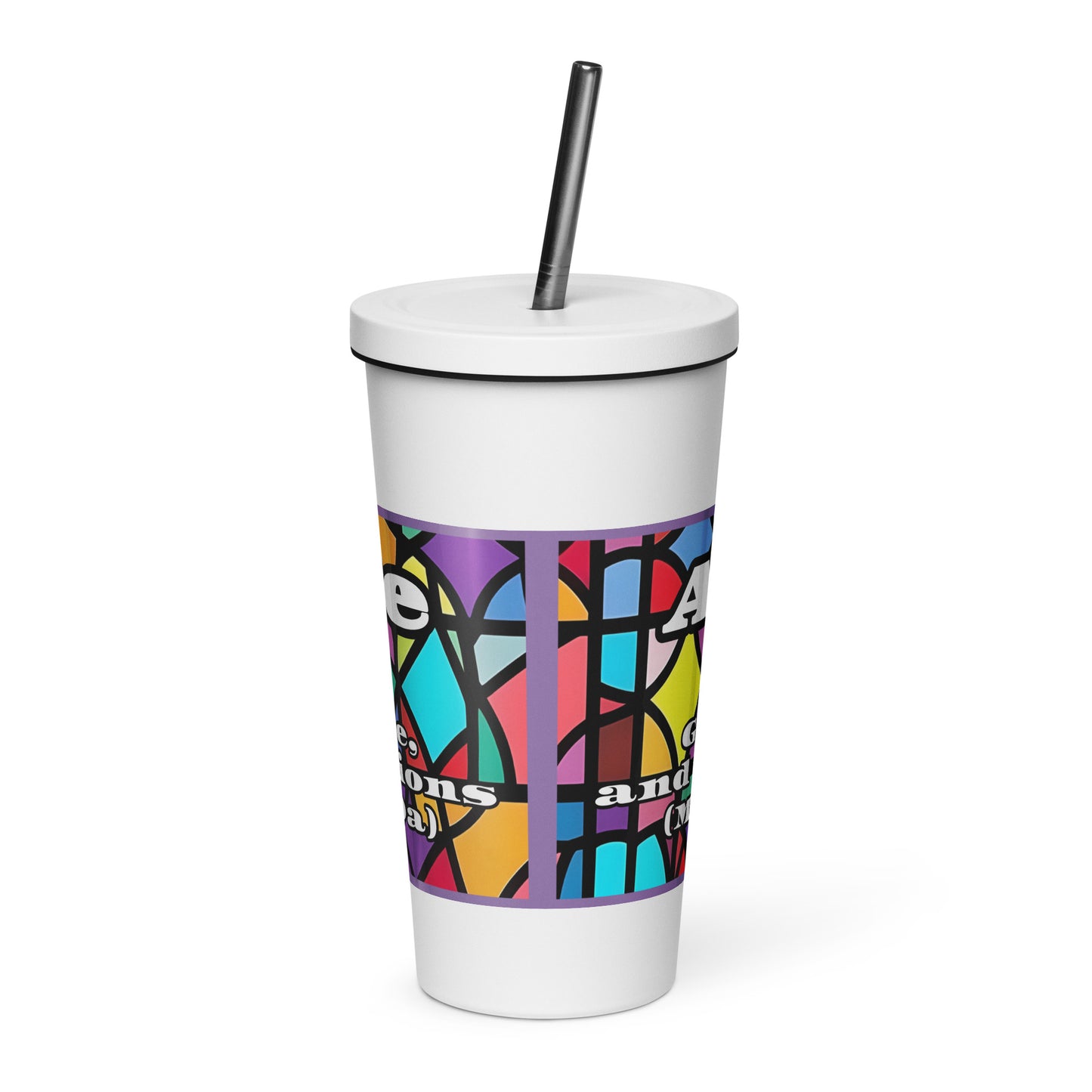 Back view of white tumbler with a stained-glass wrap, on the front is the word 'Apostle' in white text and a message from Matthew 28