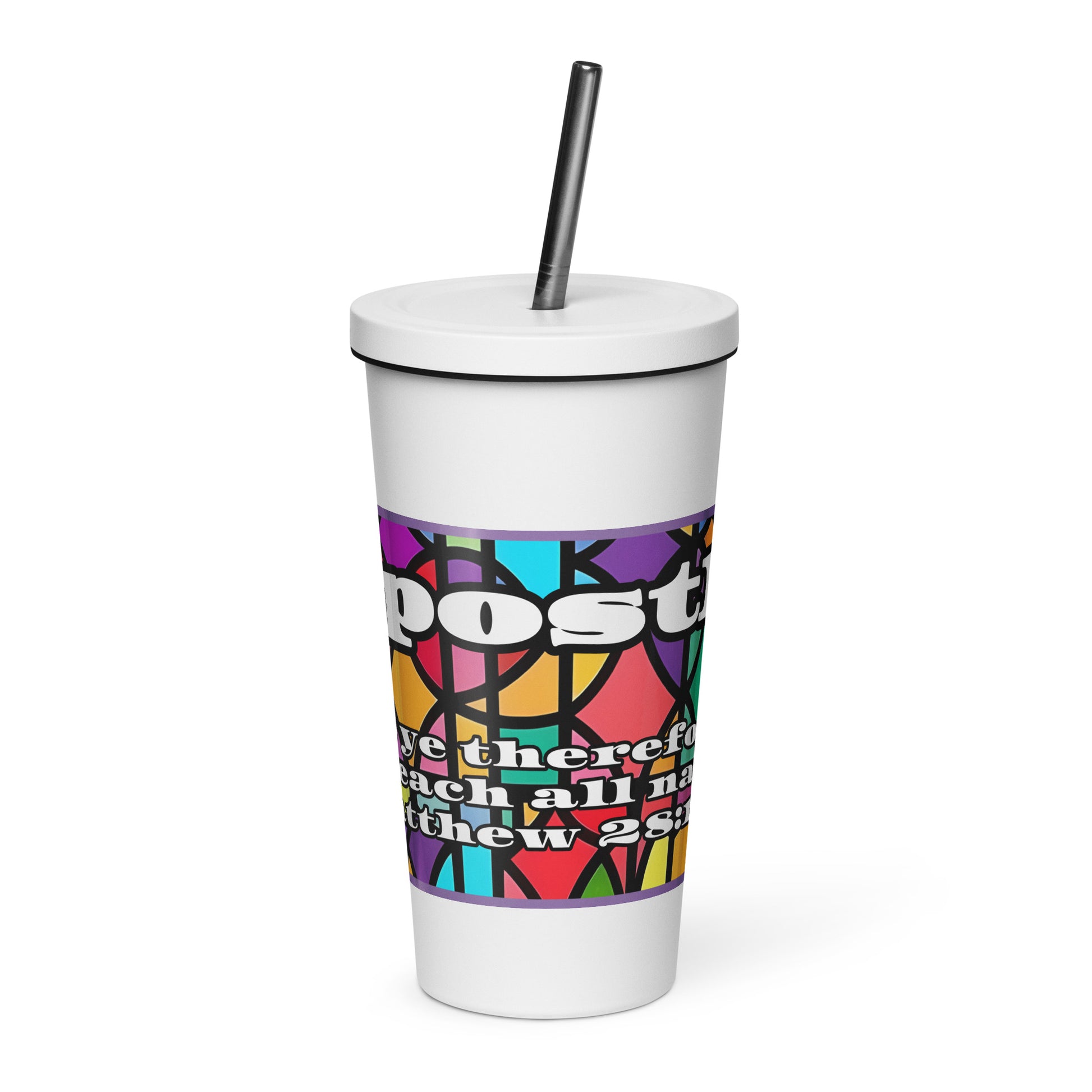 A white tumbler with a stained-glass wrap, featuring the word 'Apostle' in white text and a message from Matthew 28