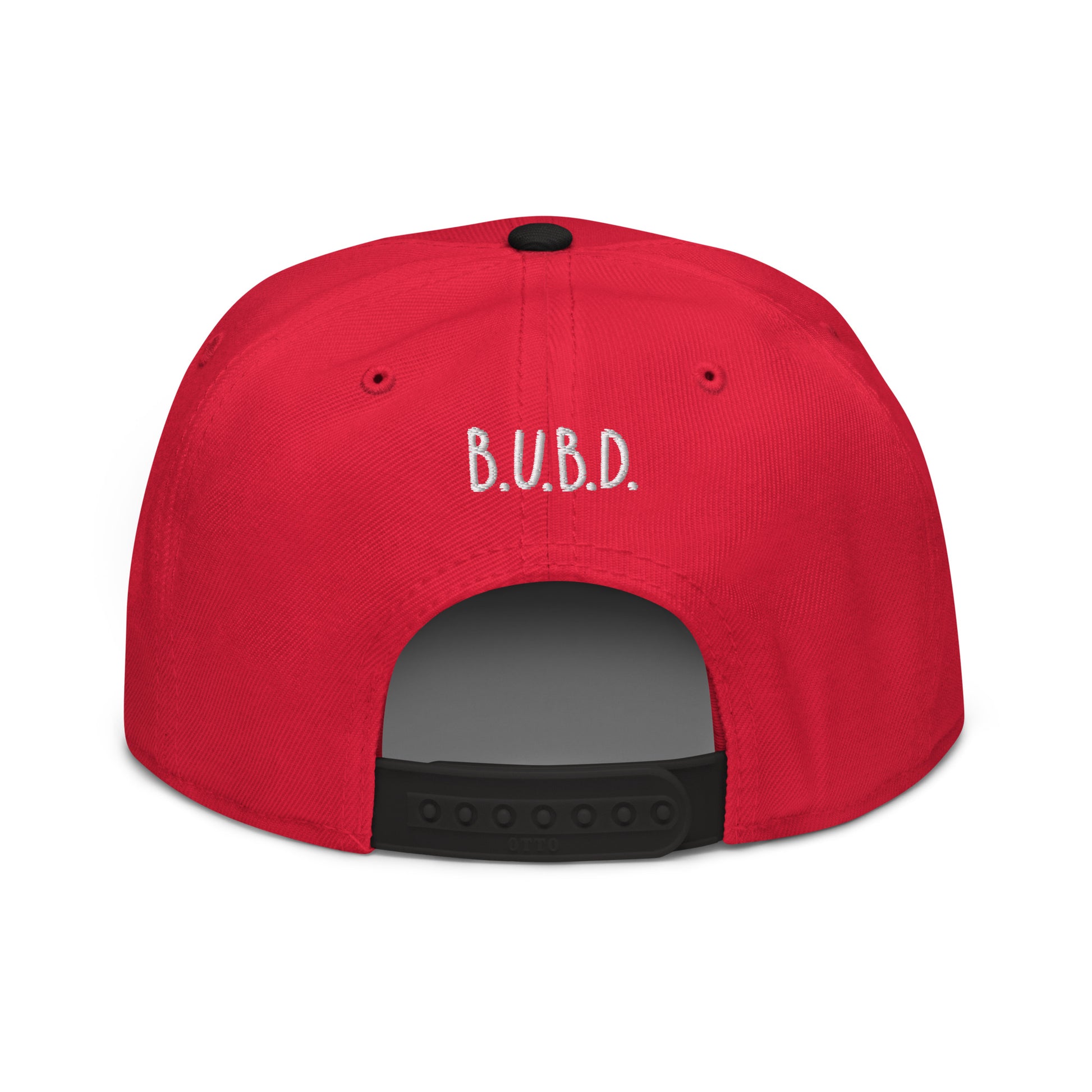 Back of red cap with company logo ' B.U.B.D'