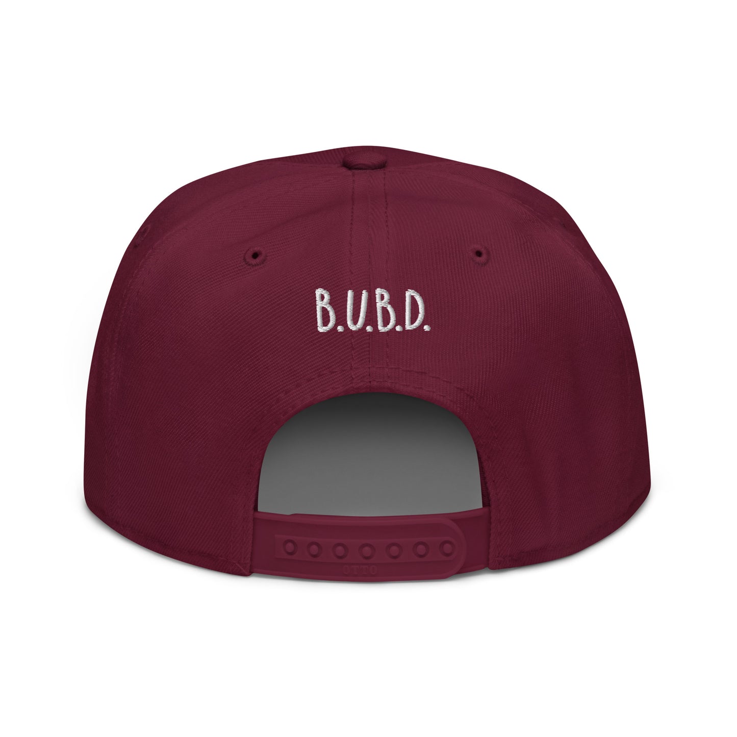 Back of burgundy cap with company logo ' B.U.B.D'