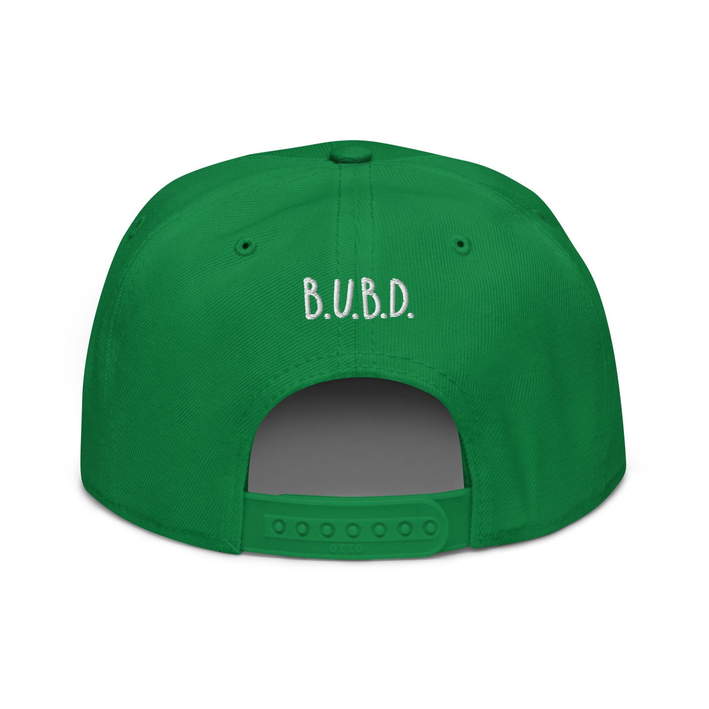 Back of green cap with company logo ' B.U.B.D'