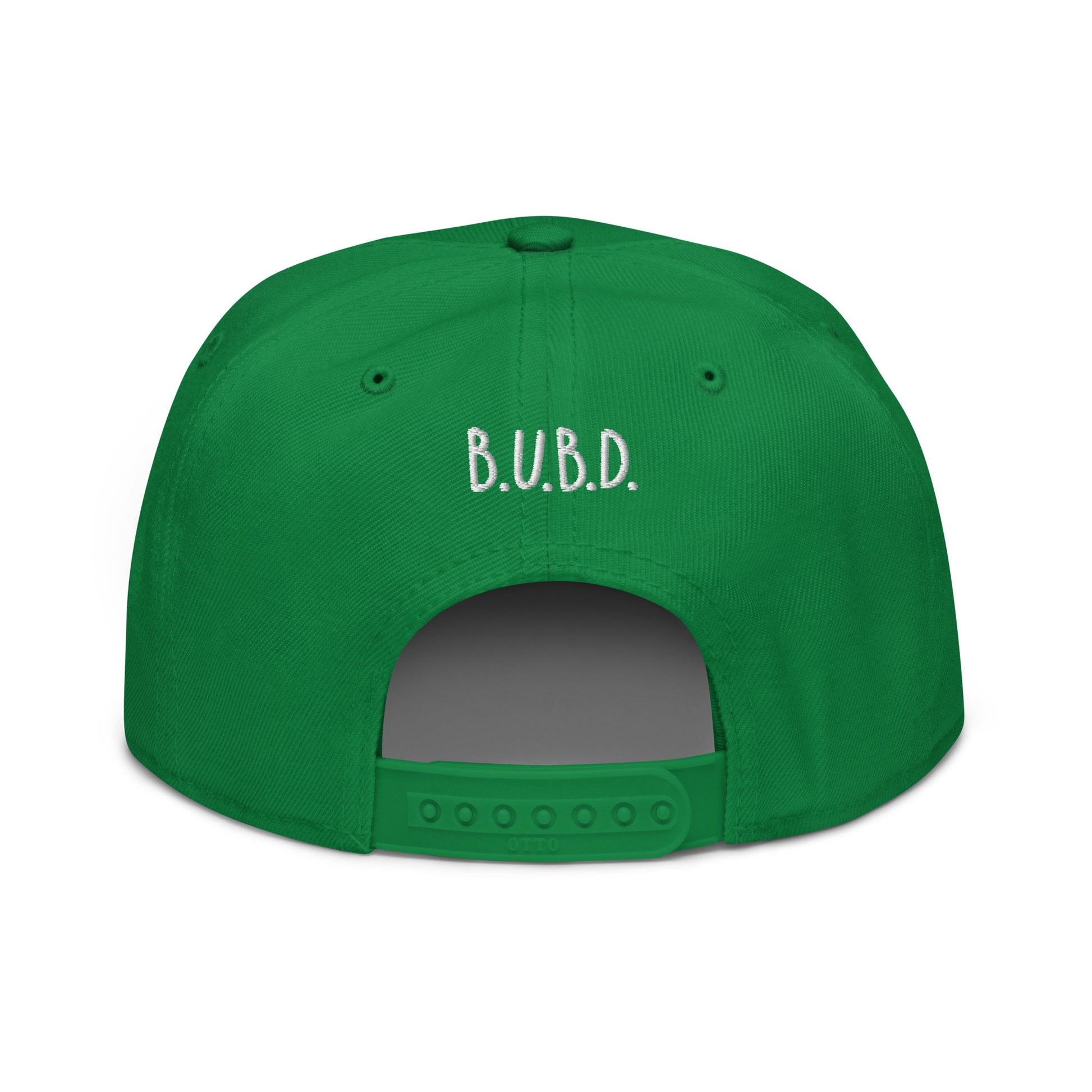 Back of green cap with company logo ' B.U.B.D'