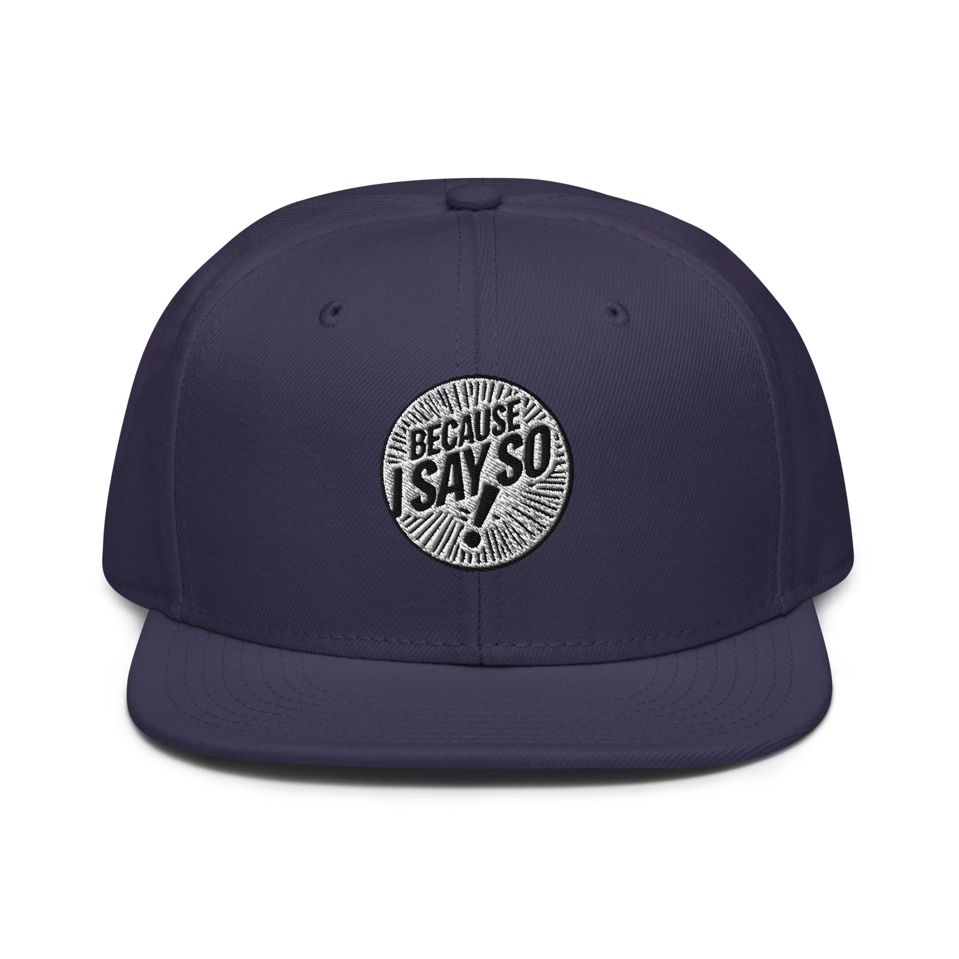 Front of navy cap with logo 'because i say so" on front