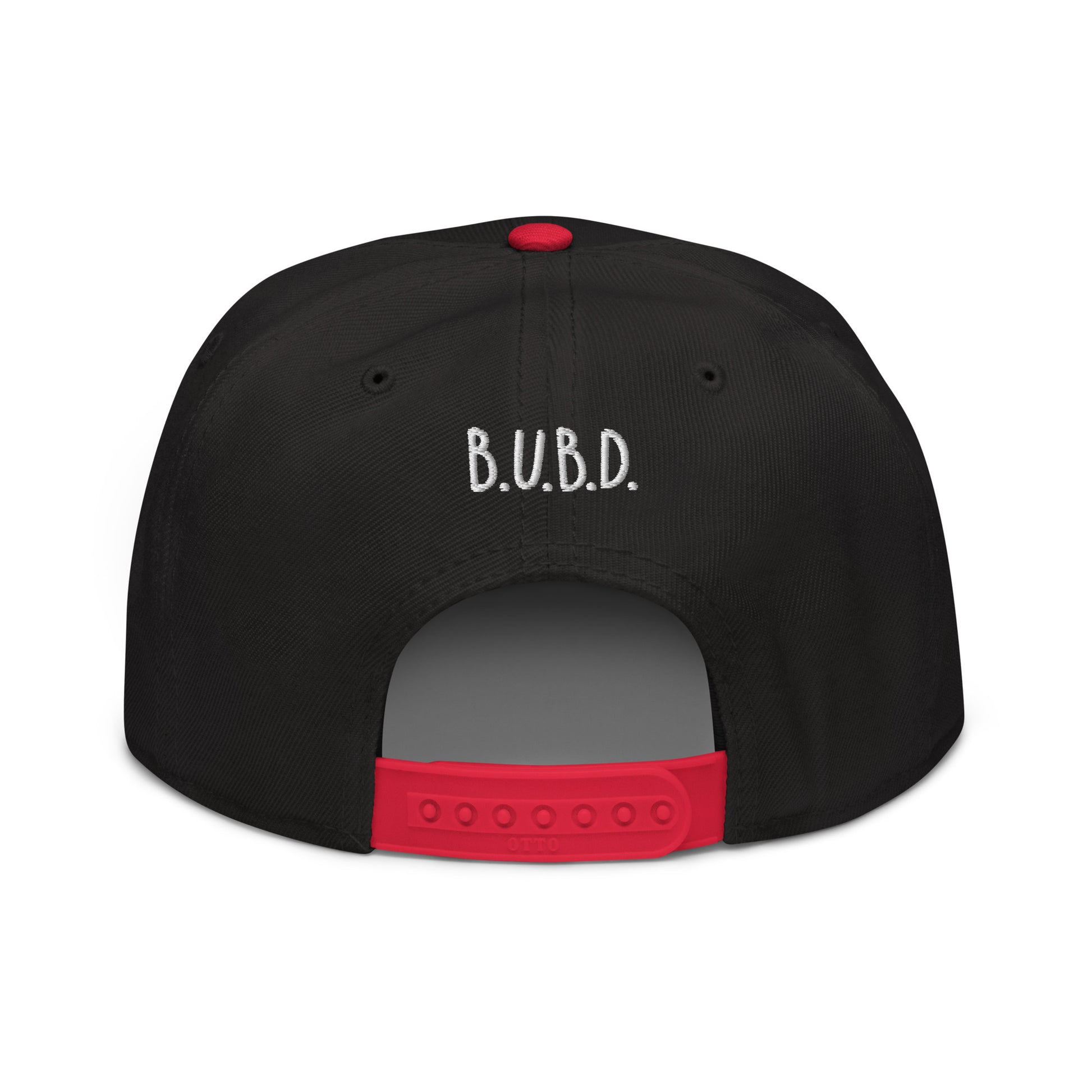 Back of black and red cap with company logo ' B.U.B.D'