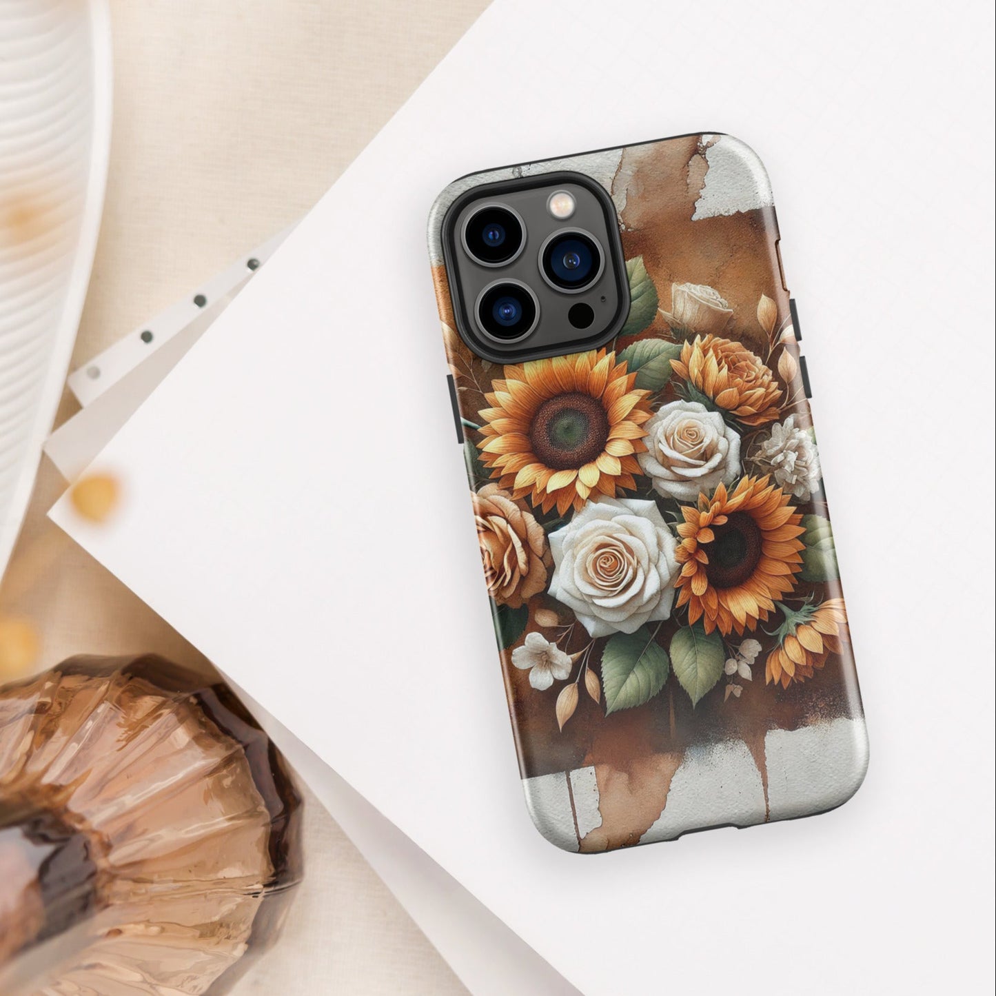 Front of iPhone 13 pro max cover of beige and golden flower arrangement