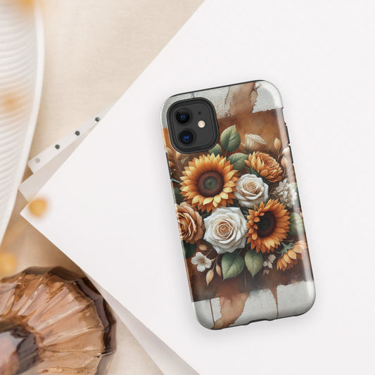 Front of iPhone 11 cover of beige and golden flower arrangement