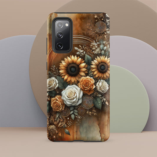 Front of Samsung s20 cover of beige and golden flower arrangement