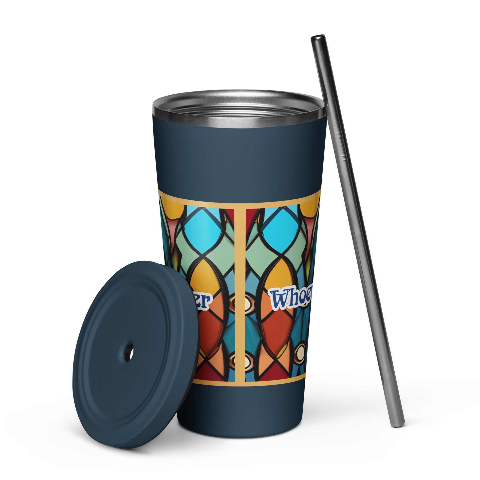 Back of navy tumbler w/straw covered in a stained-glass wrap with blue and white text saying 'bishop' and 1 Timothy 3 scripture on front 