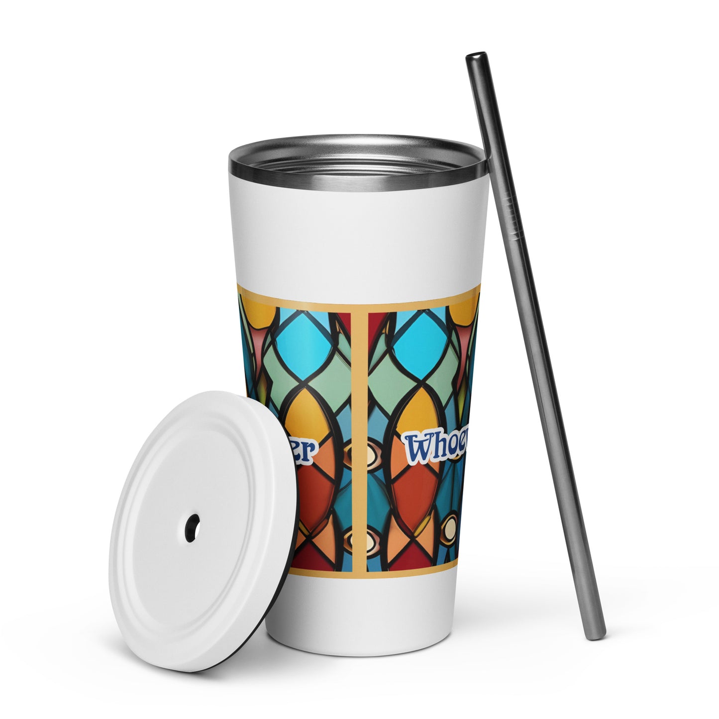 Back of navy tumbler w/straw covered in a stained-glass wrap with blue and white text saying 'bishop' and 1 Timothy 3 scripture front