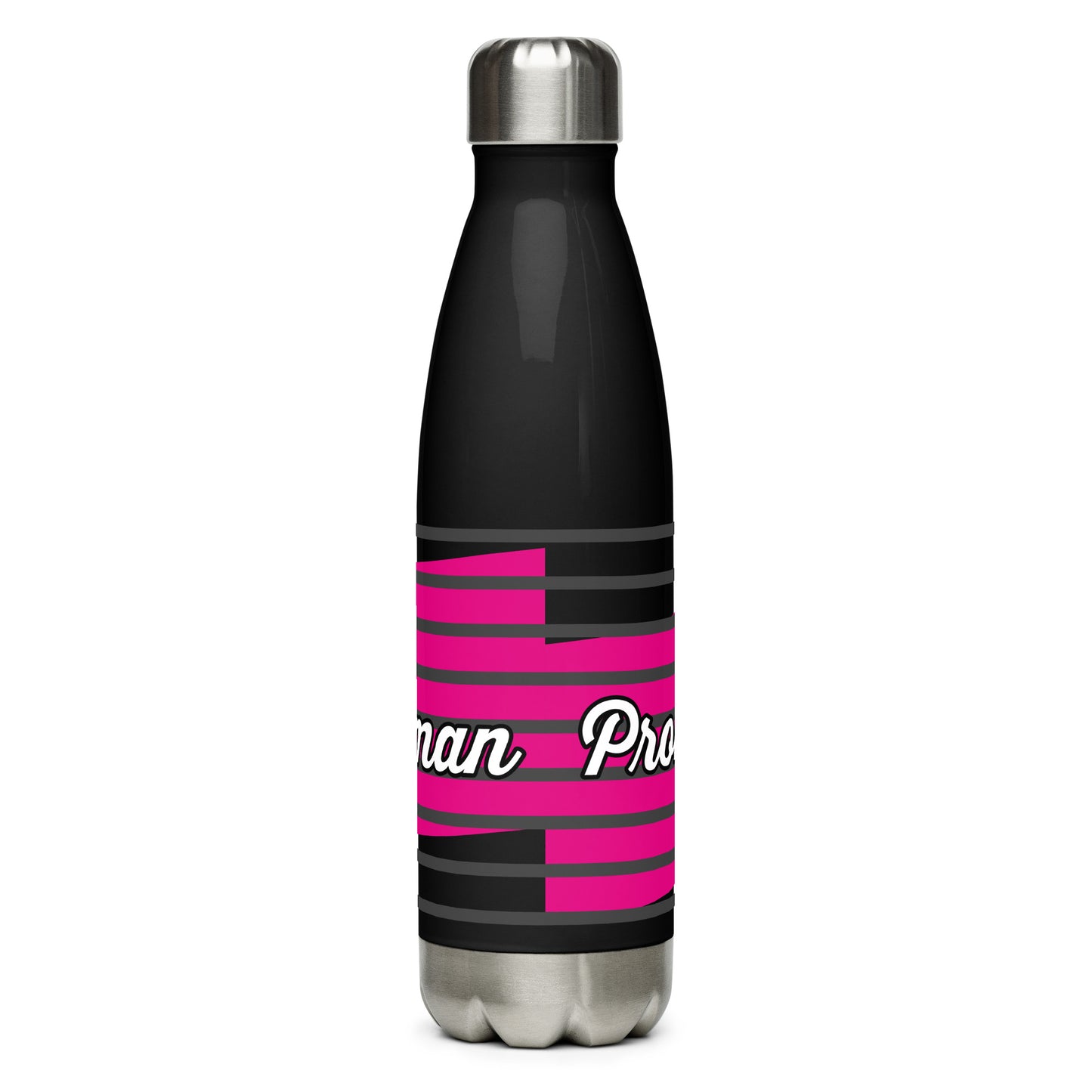 Back view of a black 17 oz stainless steel water bottle with fuchsia and white text saying 'Proverbs 31 Woman'