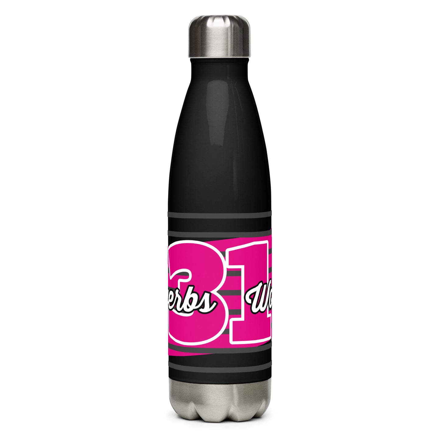 Front view of a black 17 oz stainless steel water bottle with fuchsia and white text saying 'Proverbs 31 Woman'