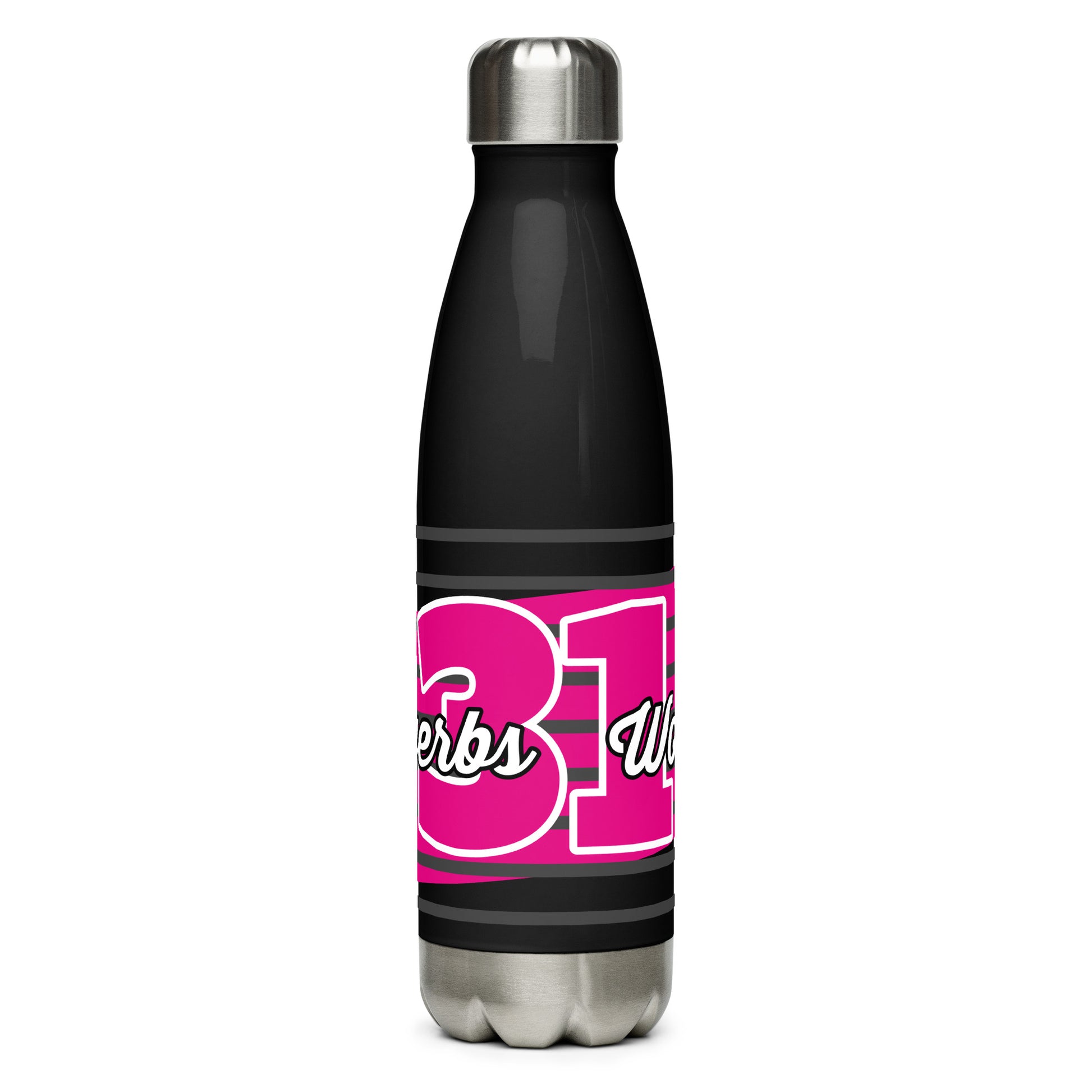 Front view of a black 17 oz stainless steel water bottle with fuchsia and white text saying 'Proverbs 31 Woman'