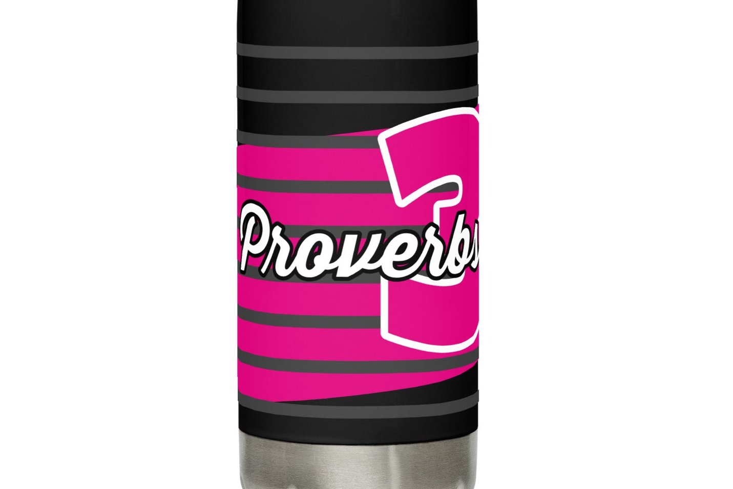 Left side view of a black 17 oz stainless steel water bottle with fuchsia and white text saying 'Proverbs 31 Woman'