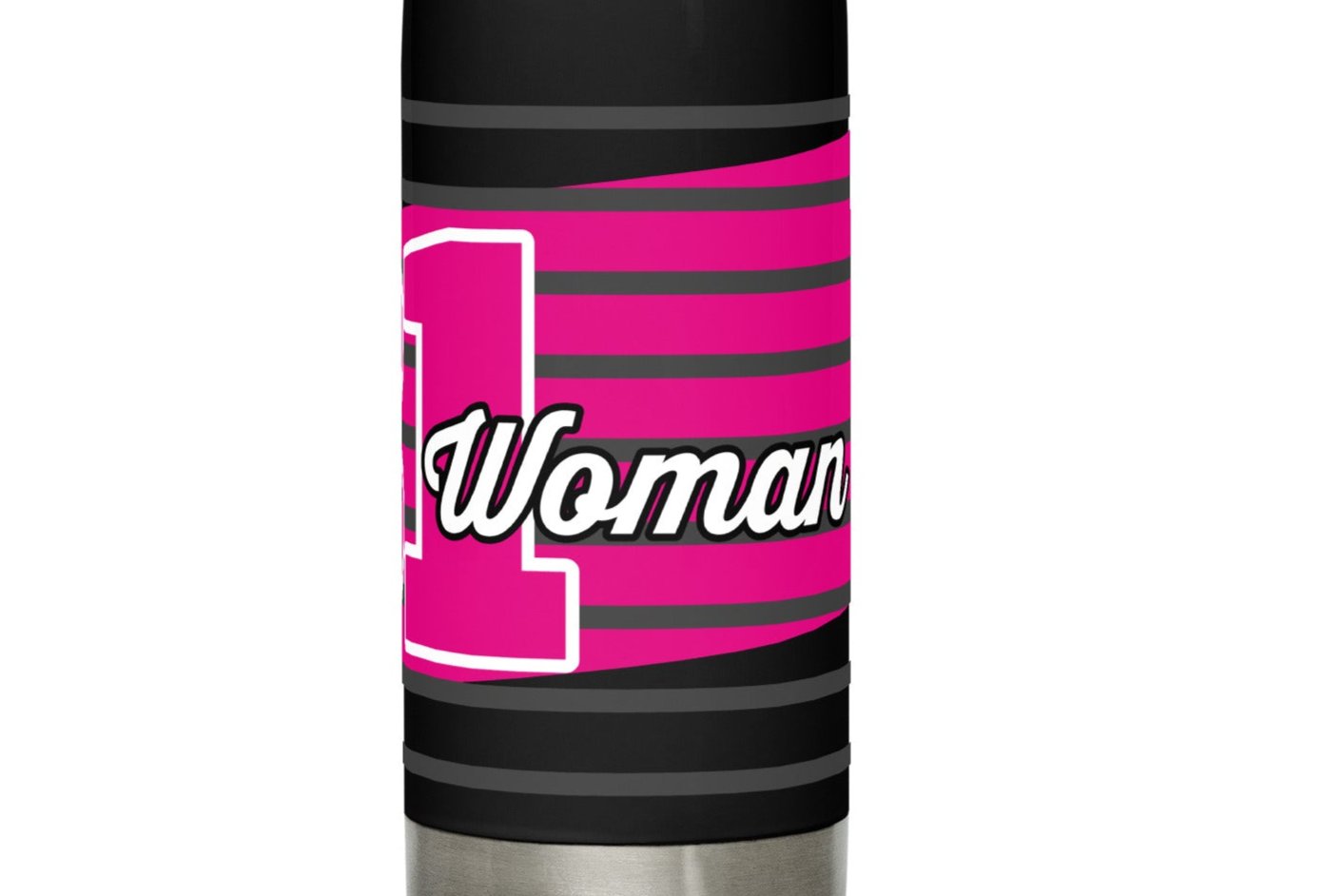 Right side view of a black 17 oz stainless steel water bottle with fuchsia and white text saying 'Proverbs 31 Woman'