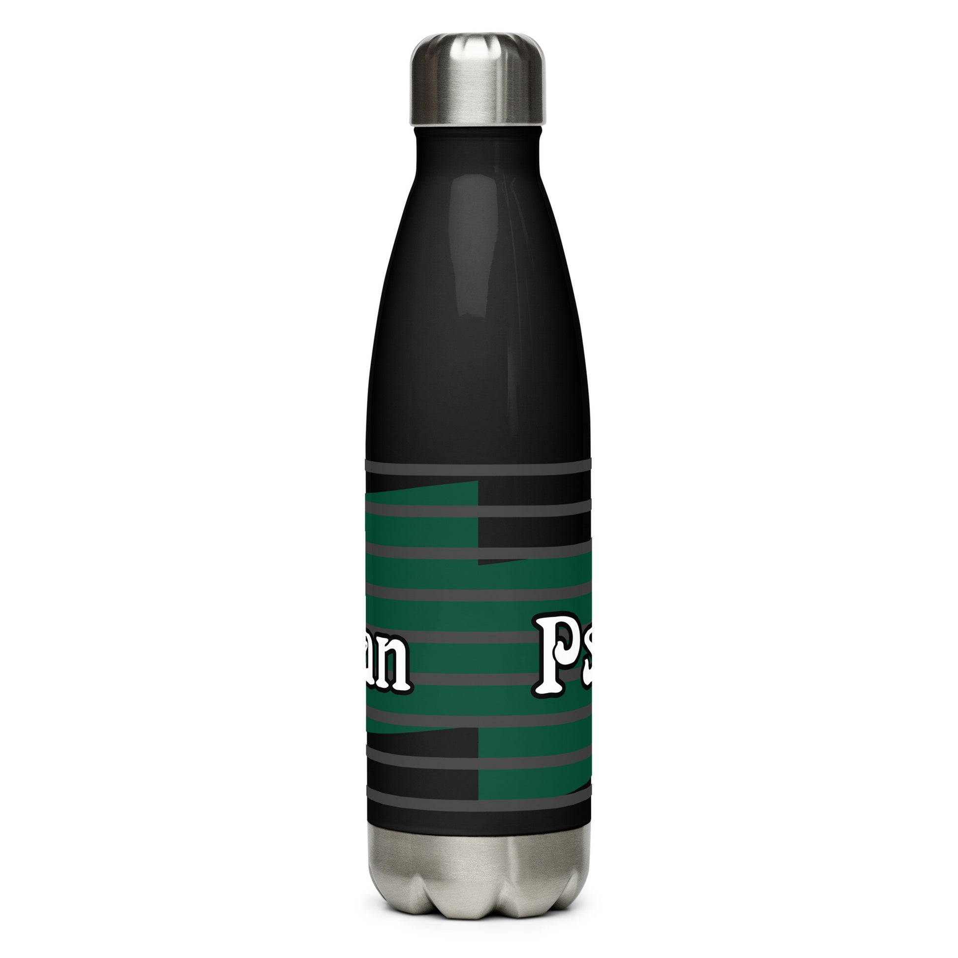 Back view of a 17 oz black stainless steel water bottle with green and white text saying 'Psalm 1 man'