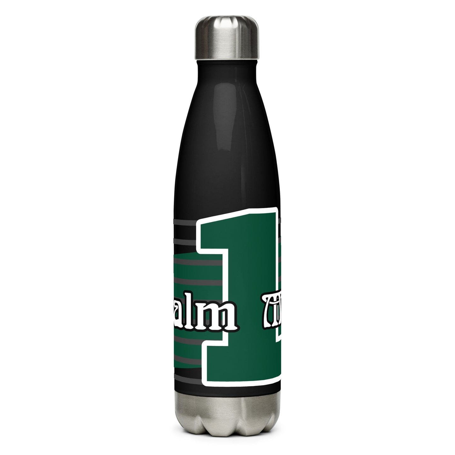 Front view a 17 oz black stainless steel water bottle with green and white text saying 'Psalm 1 man'