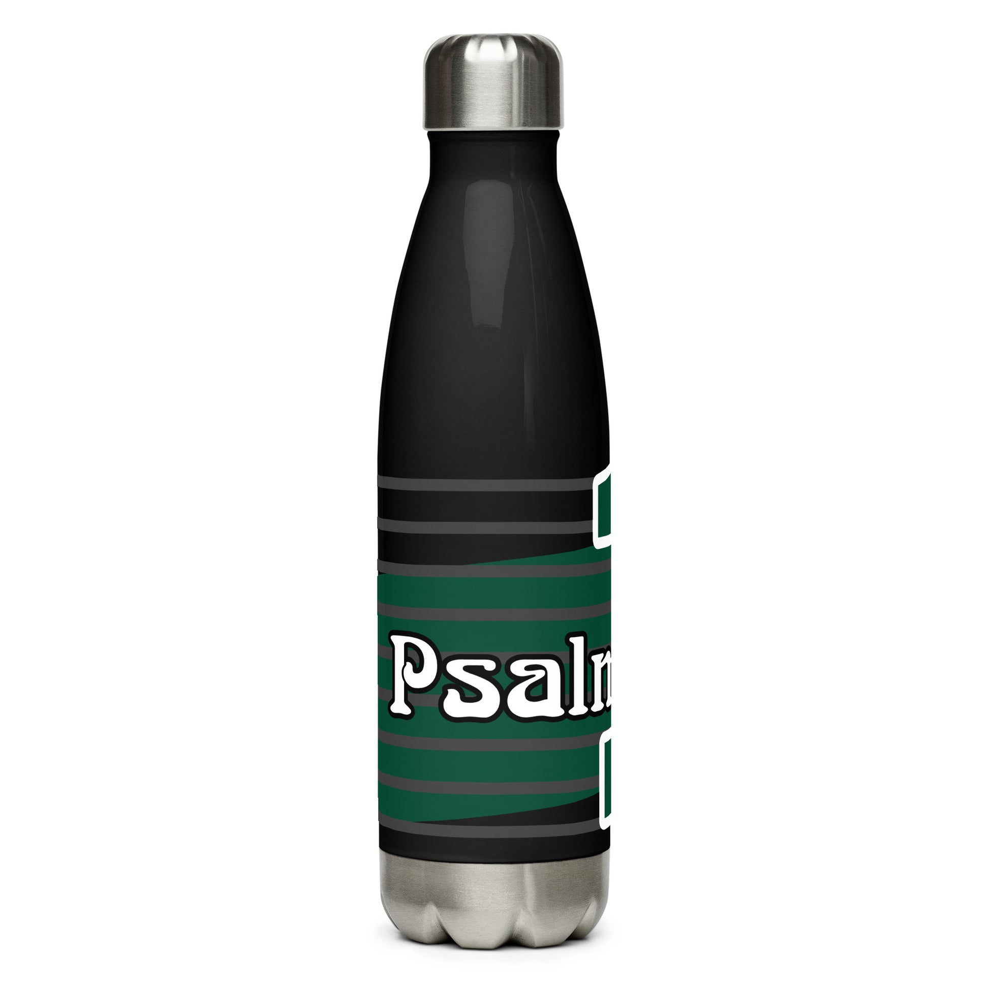 Left view of a 17 oz black stainless steel water bottle with green and white text saying 'Psalm 1 man'