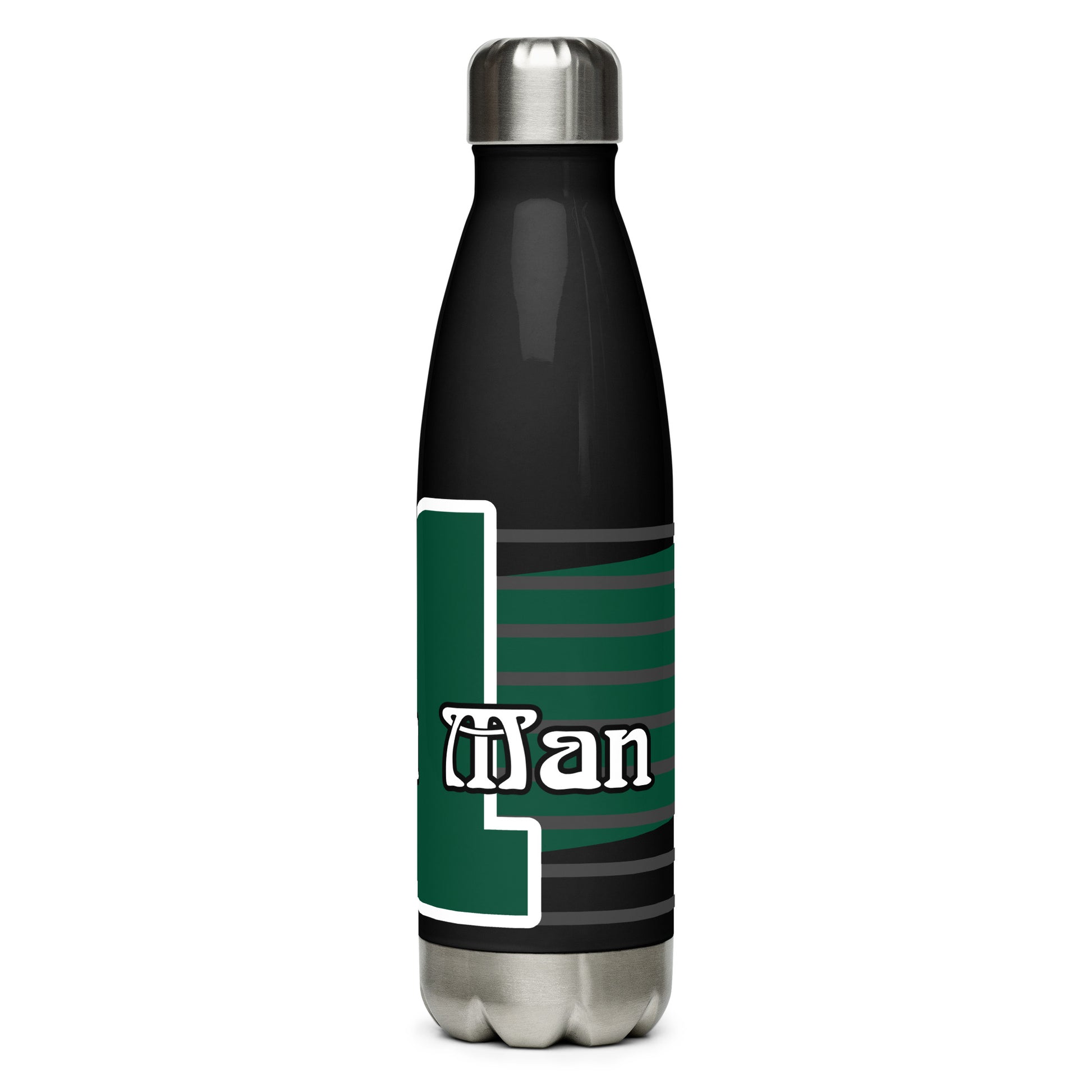 Right view of a 17 oz black stainless steel water bottle with green and white text saying 'Psalm 1 man'