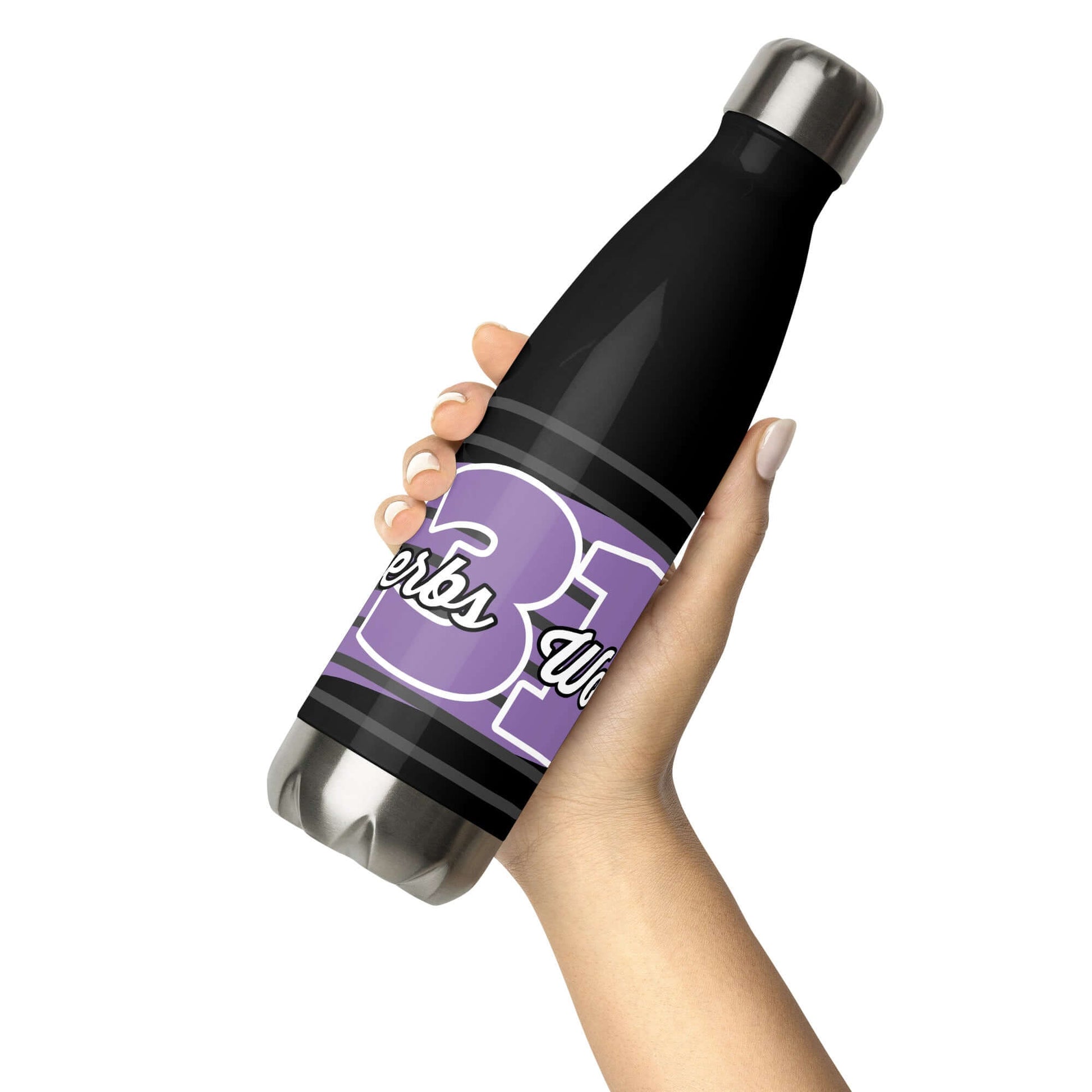 Front view of a black 17 oz stainless steel water bottle with lilac and white text saying 'Proverbs 31 Woman'