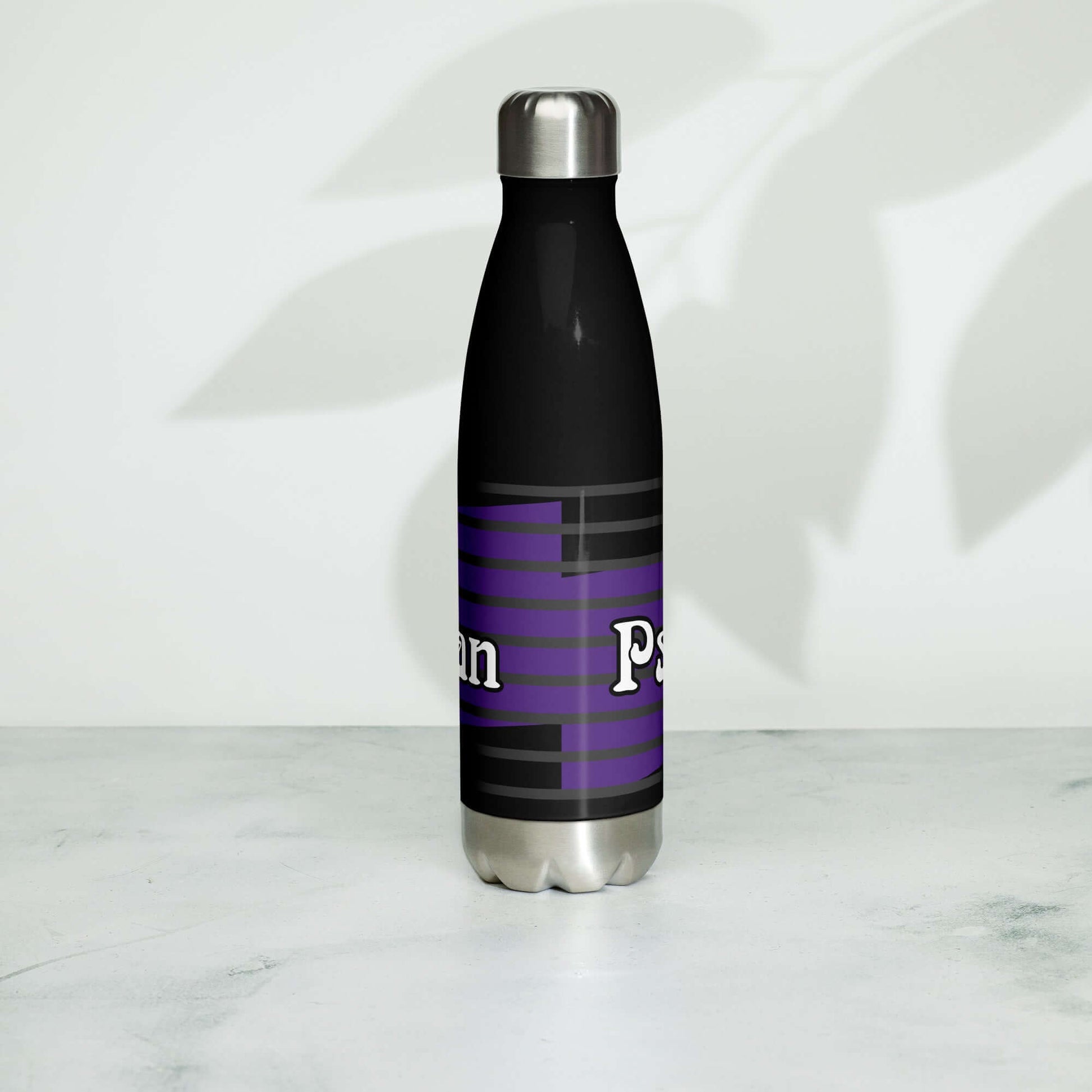 Back view of a 17 oz black stainless steel water bottle with purple and white text saying 'Psalm 1 man'