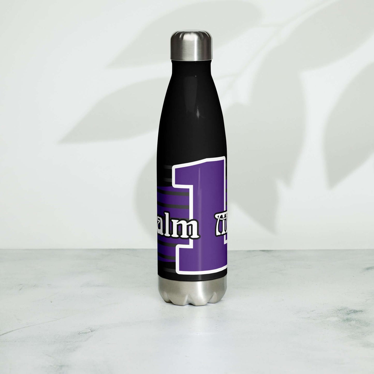 Front view of a 17 oz black stainless steel water bottle with purple and white text saying 'Psalm 1 man'