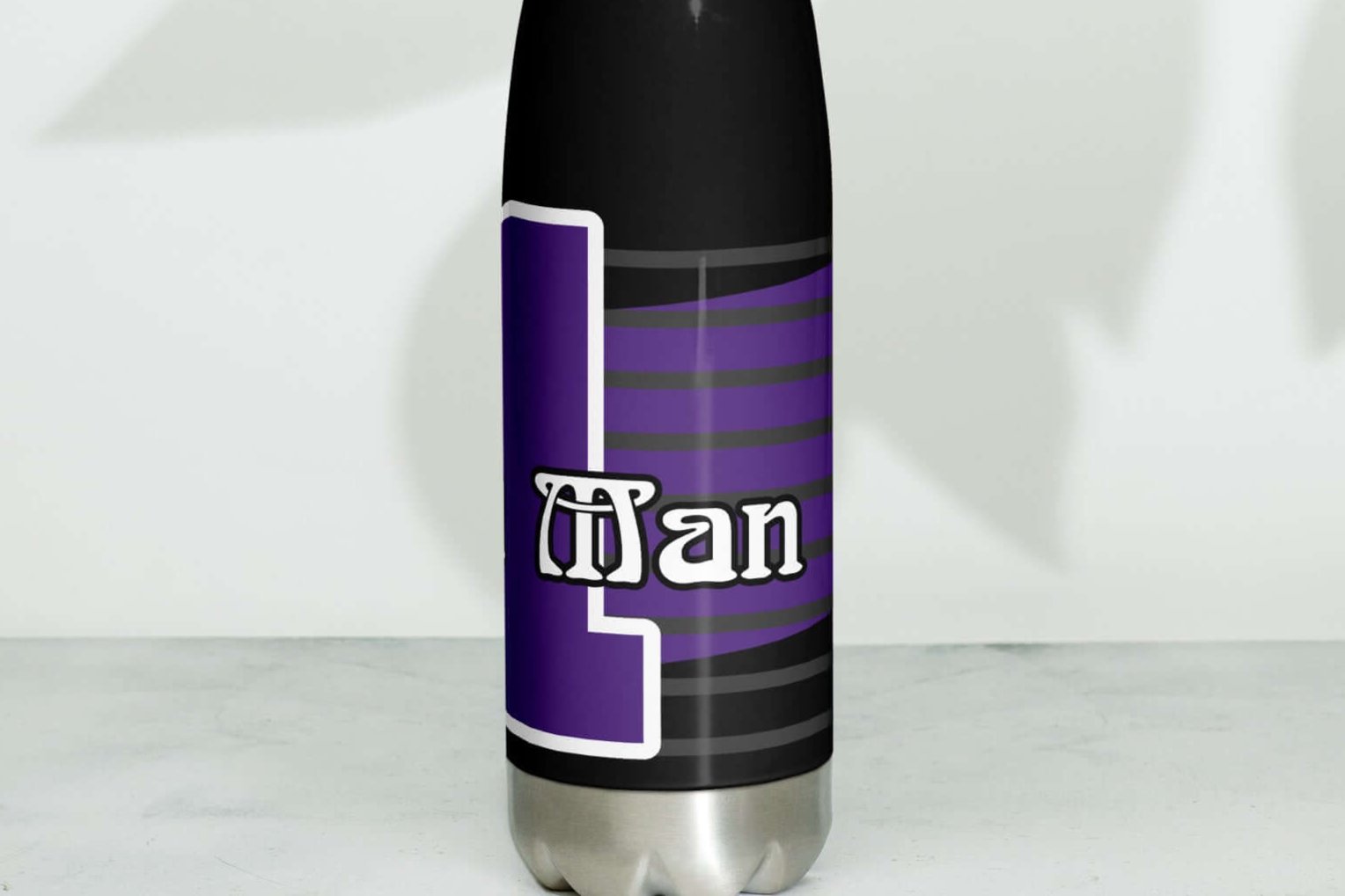 Right view of a 17 oz black stainless steel water bottle with purple and white text saying 'Psalm 1 man'