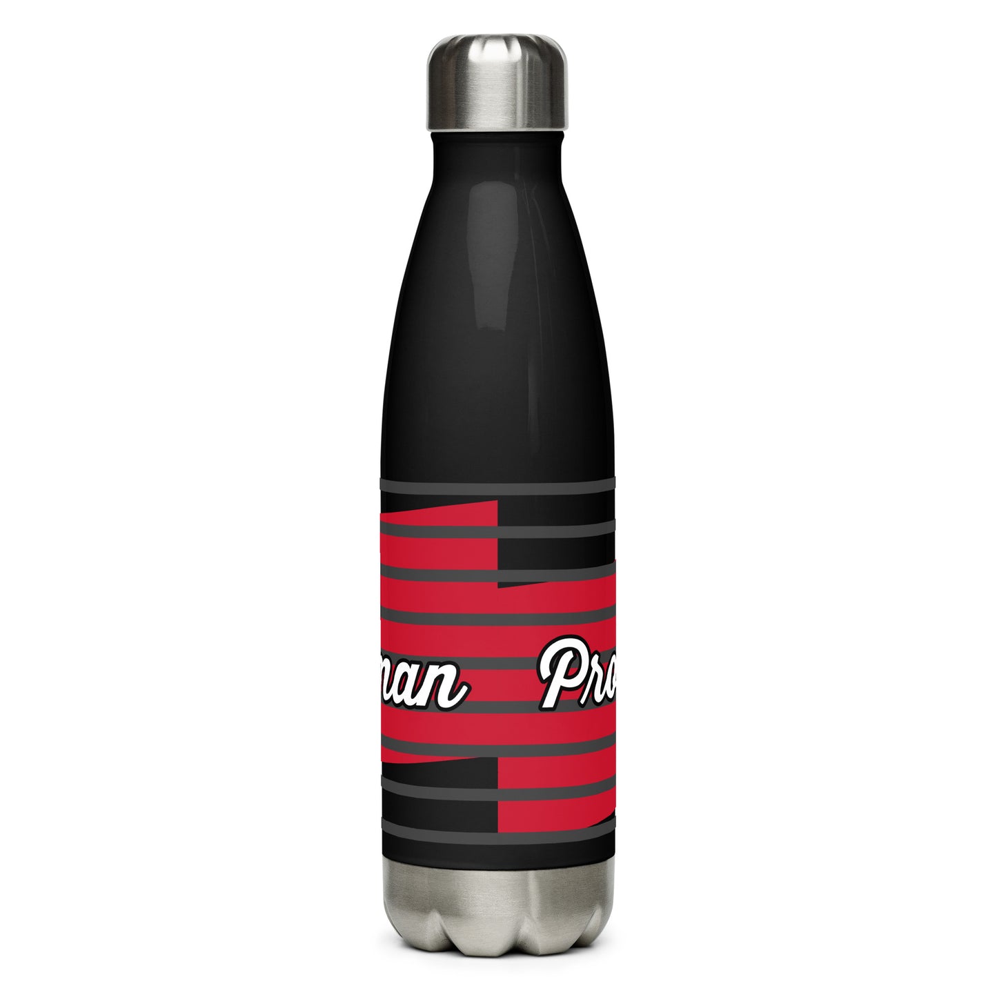 Back view of a black 17 oz stainless steel water bottle with red and white text saying 'Proverbs 31 Woman'