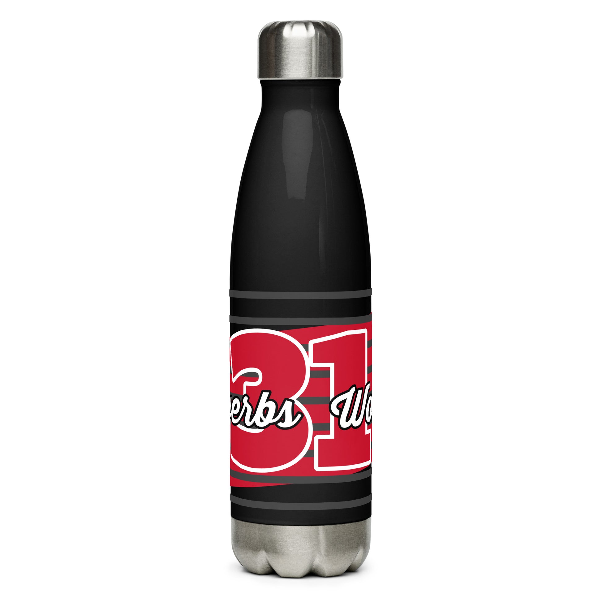 Front view of a black 17 oz stainless steel water bottle with red and white text saying 'Proverbs 31 Woman'