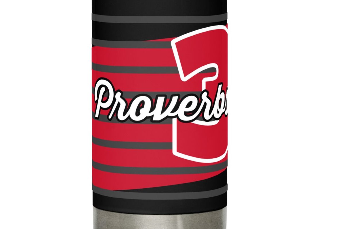 Left side view of a black 17 oz stainless steel water bottle with red and white text saying 'Proverbs 31 Woman'