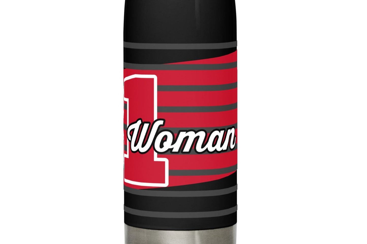 Right side view of a black 17 oz stainless steel water bottle with red and white text saying 'Proverbs 31 Woman'