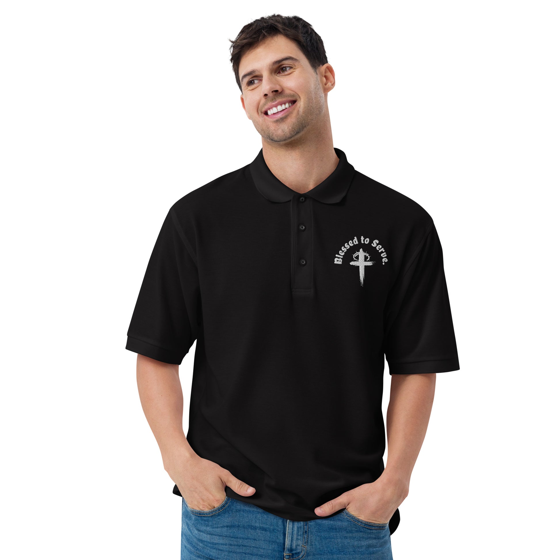 Front black men's polo t-shirt with cross logo and text saying 'blessed to serve'